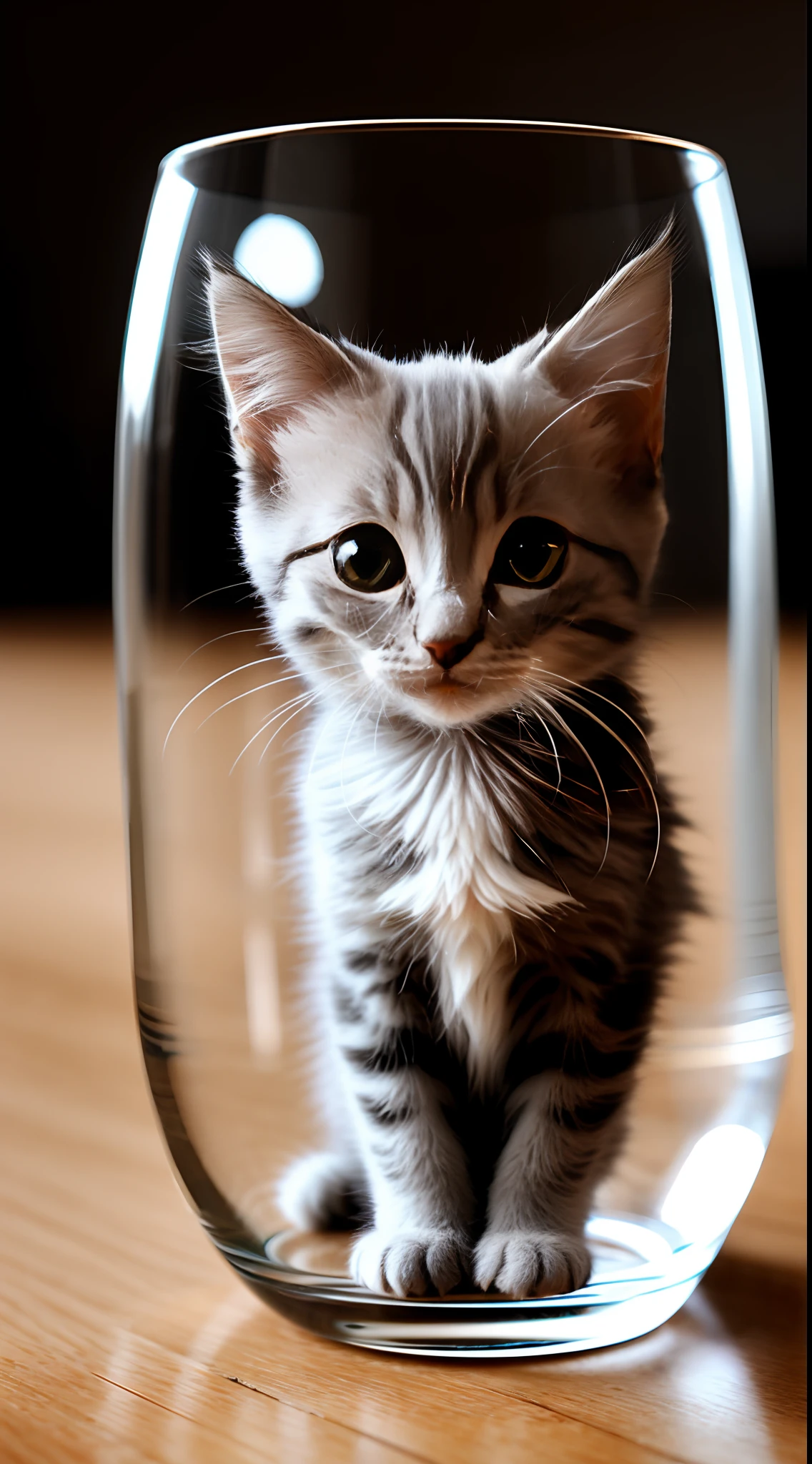 Cute small grey kitten in white tea glass, centered, photorealistic, intricate details, cinematic