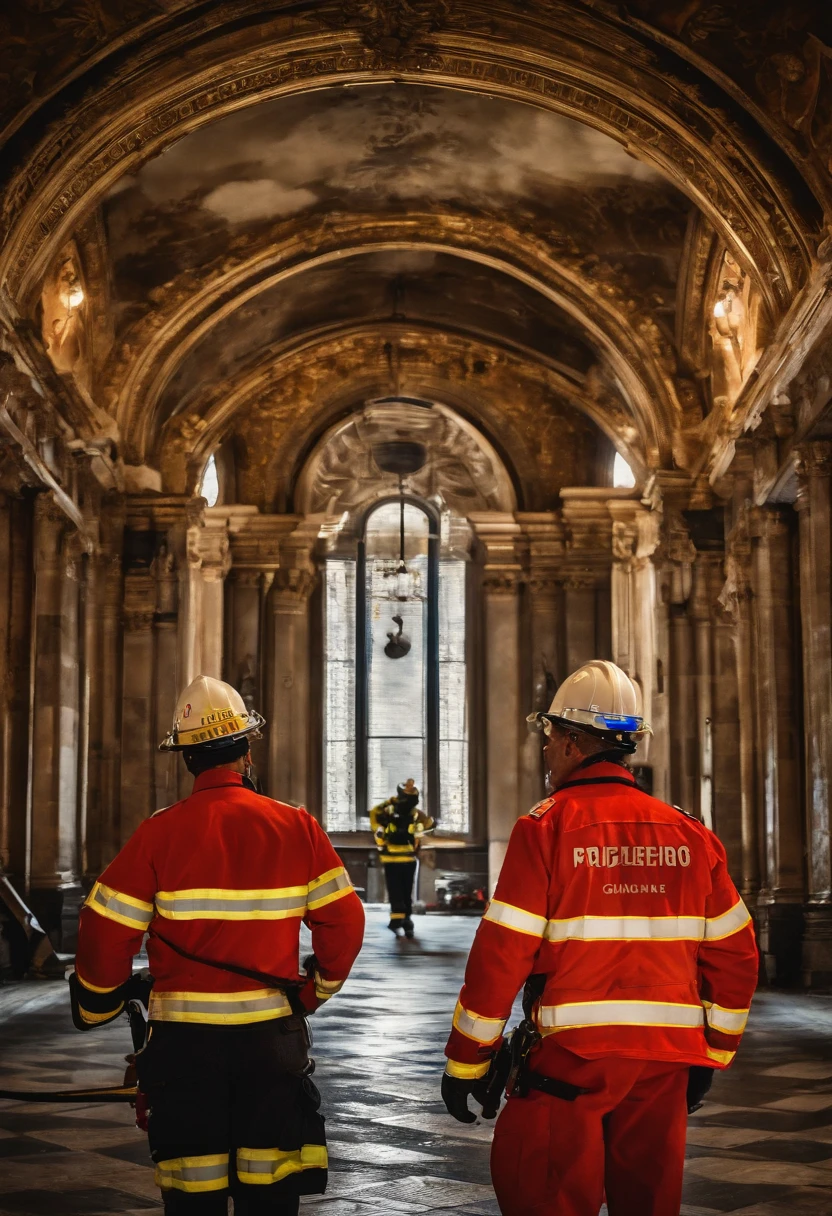 "Produce a vivid and detailed description of a visual scene depicting an inspiring wallpaper, onde um destemido bombeiro, vestido impecavelmente em seu uniforme, He's on his back to the observer.. Ahead of you, An impressive fire truck stands out, Your flashing lights in readiness. In the scenery, outros membros corajosos da equipe de bombeiros trabalham em harmonia, Creating an atmosphere of cooperation and determination. Capture the heroic essence of this unique moment, enfatizando os detalhes visuais e emocionais da cena."