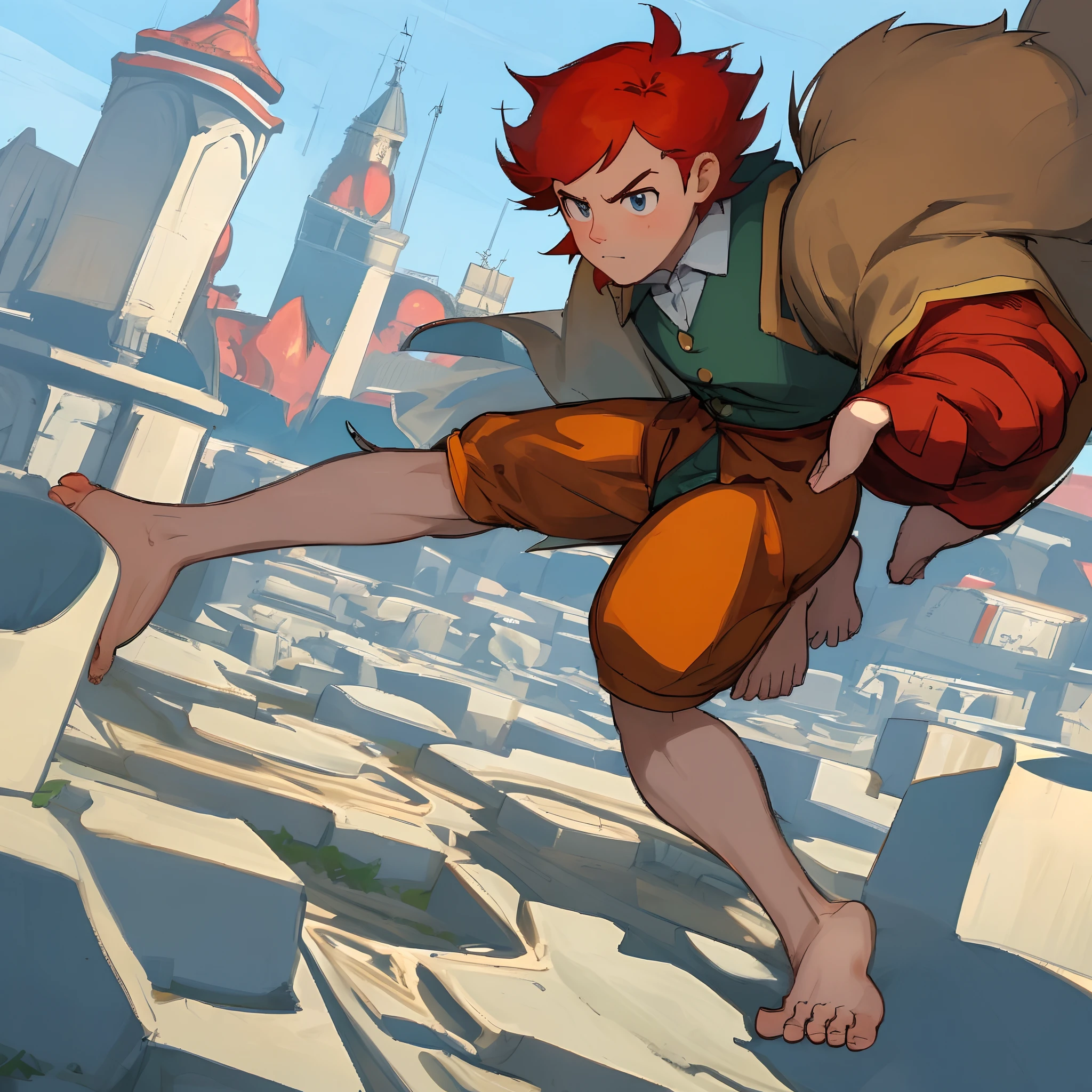 low angle POV of a giant barefoot red headed man with short hair stepping, cartoon