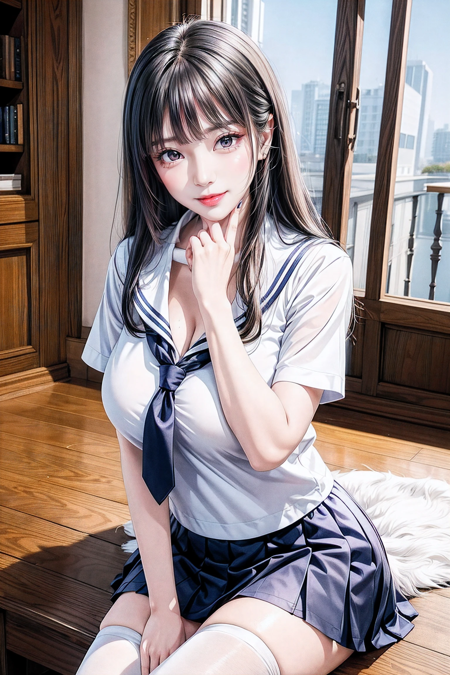 Simple white background, School uniform, serafuku,red necktie,鎖骨, cleavage, (Bare_Neck:1.5), black thighhighs,Short sleeves, Navy blue and white shirt ,Puffy sleeves,a sailor suit,blue sailor collar, Blue skirt, Black hair, Blunt bangs,Long hair,Brown eyes, 1 girl, 20yr old,infp young woman,Beautiful Finger,Beautiful long legs,Beautiful body, Beautiful nose,Beautiful character design, Perfect eyes, Perfect face,Expressive eyes,Perfect balance, Looking at Viewer,(Focus on her face),Closed mouth, (Innocent_Big_Eyes:1.0),(light_Smile:0.3), Official art,Highly detailed CG Unity 8K wallpaper, Perfect Lighting,Colorful, Bright_front_Face_Lighting,White skin, (masutepiece:1.0),(best_quality:1.0), 超A high resolution,4K,Ultra-detailed, Photography, 8K, nffsw, hight resolution, absurderes:1.2, Kodak Portra 400, Film grain, Blurry background, Bokeh:1.2, Lens Flare, (Vibrant_Color:1.2),professional photograpy, (Beautiful,Large_breasts:1.4), (Beautiful_Face:1.5),(narrow_waist),