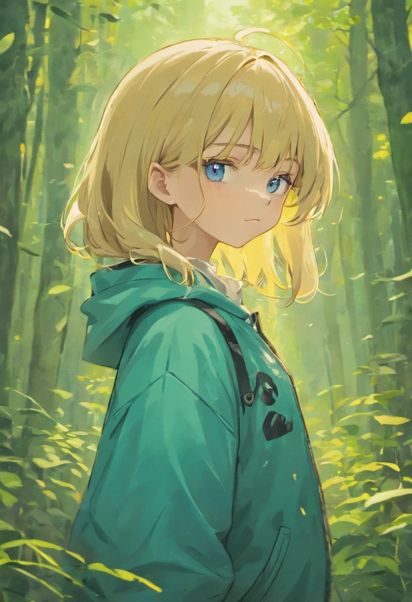 1girl, blonde hair, bangs hair, hairstyle with 2 braids, blue eyes, wearing camouflage sweater, high res, ultrasharp, 8k, masterpiece, looking at viewer, forest camouflage, fine brushwork, subtle shading, precise detailing, meticulous artistry, striking contrast, photography, serious, cute, paint splashes, splatter, outrun, vaporware, shaded flat illustration, digital art, trending on artstation, highly detailed, fine detail, intricate