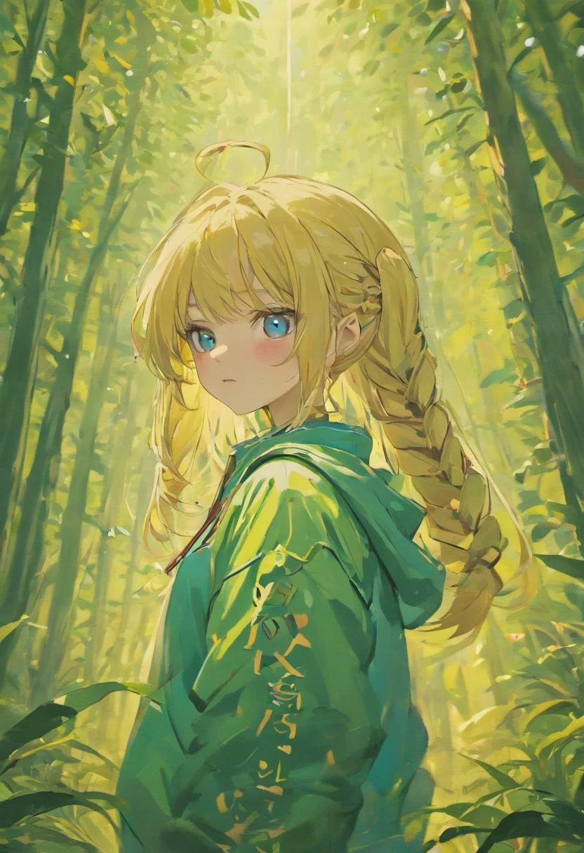 1girl, blonde hair, bangs hair, hairstyle with 2 braids, blue eyes, wearing camouflage sweater, high res, ultrasharp, 8k, masterpiece, looking at viewer, forest camouflage, fine brushwork, subtle shading, precise detailing, meticulous artistry, striking contrast, photography, serious, cute, paint splashes, splatter, outrun, vaporware, shaded flat illustration, digital art, trending on artstation, highly detailed, fine detail, intricate