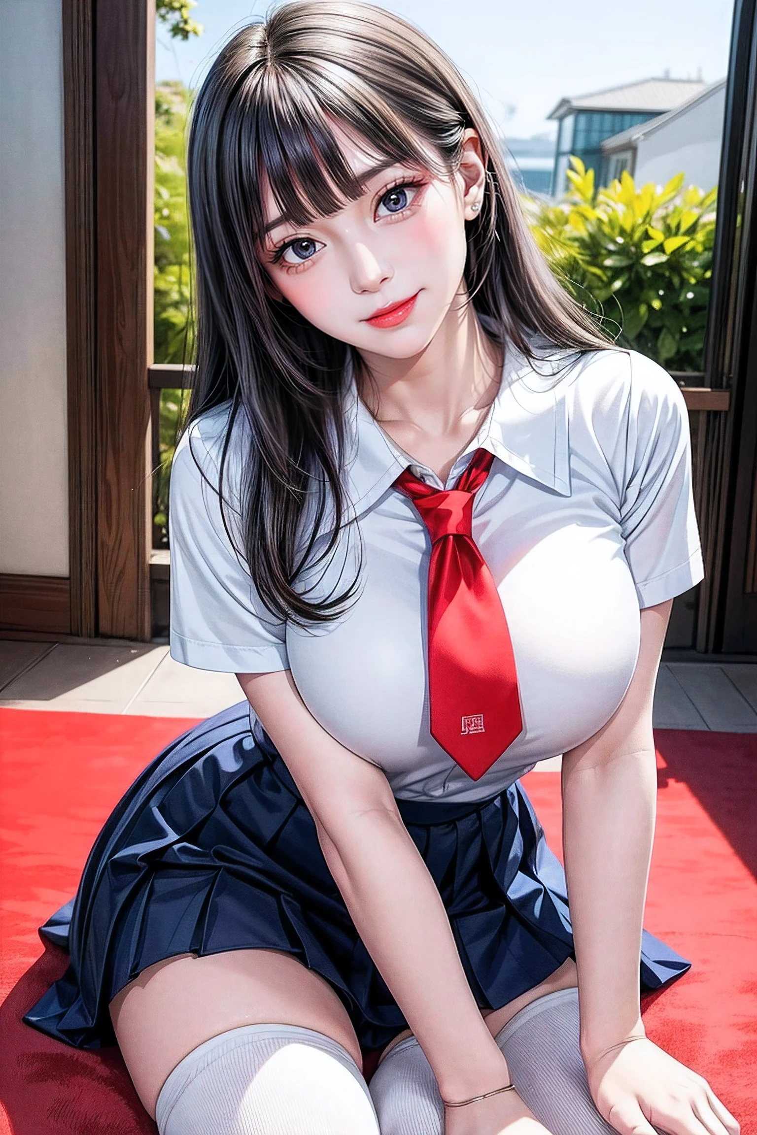 Simple white background, School uniform, serafuku,red necktie,鎖骨, cleavage, (Bare_Neck:1.5), black thighhighs,Short sleeves, Navy blue and white shirt ,Puffy sleeves,a sailor suit,blue sailor collar, Blue skirt, Black hair, Blunt bangs,Long hair,Brown eyes, 1 girl, 20yr old,infp young woman,Beautiful Finger,Beautiful long legs,Beautiful body, Beautiful nose,Beautiful character design, Perfect eyes, Perfect face,Expressive eyes,Perfect balance, Looking at Viewer,(Focus on her face),Closed mouth, (Innocent_Big_Eyes:1.0),(light_Smile:0.3), Official art,Highly detailed CG Unity 8K wallpaper, Perfect Lighting,Colorful, Bright_front_Face_Lighting,White skin, (masutepiece:1.0),(best_quality:1.0), 超A high resolution,4K,Ultra-detailed, Photography, 8K, nffsw, hight resolution, absurderes:1.2, Kodak Portra 400, Film grain, Blurry background, Bokeh:1.2, Lens Flare, (Vibrant_Color:1.2),professional photograpy, (Beautiful,Large_breasts:1.4), (Beautiful_Face:1.5),(narrow_waist),