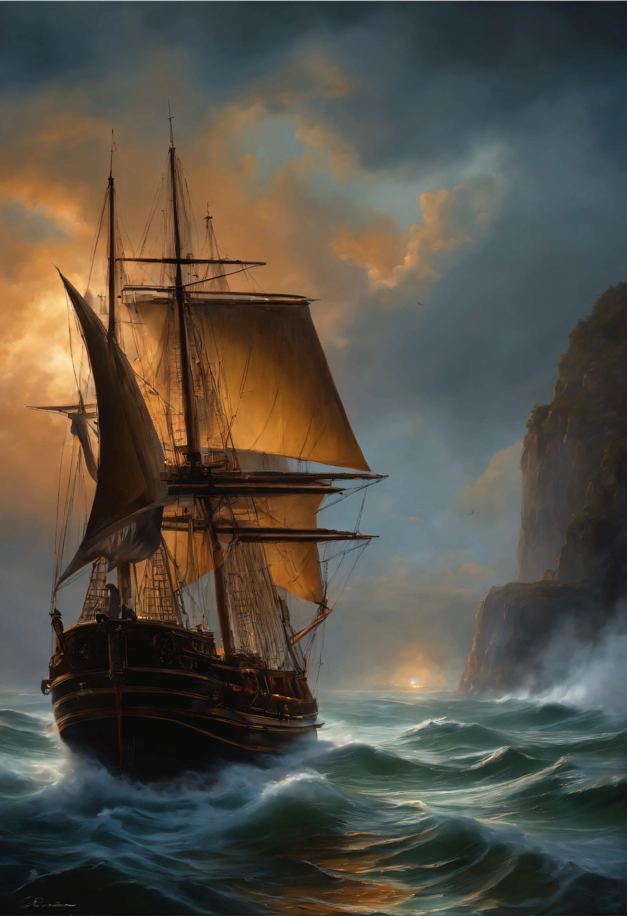 Real picture((Oil paints ))Landscape painting, acrylic painting, Brush strokes, With unparalleled realism,ultrawide,ominous skies,Sail ships,Wooden boats,Lotus,Huge waves,Starry night,assassins creed vibes,voluminetric lighting,Clearing,Realistic,james gurney,art stations,((Paint with oil painting), 16:9 aspect ratio