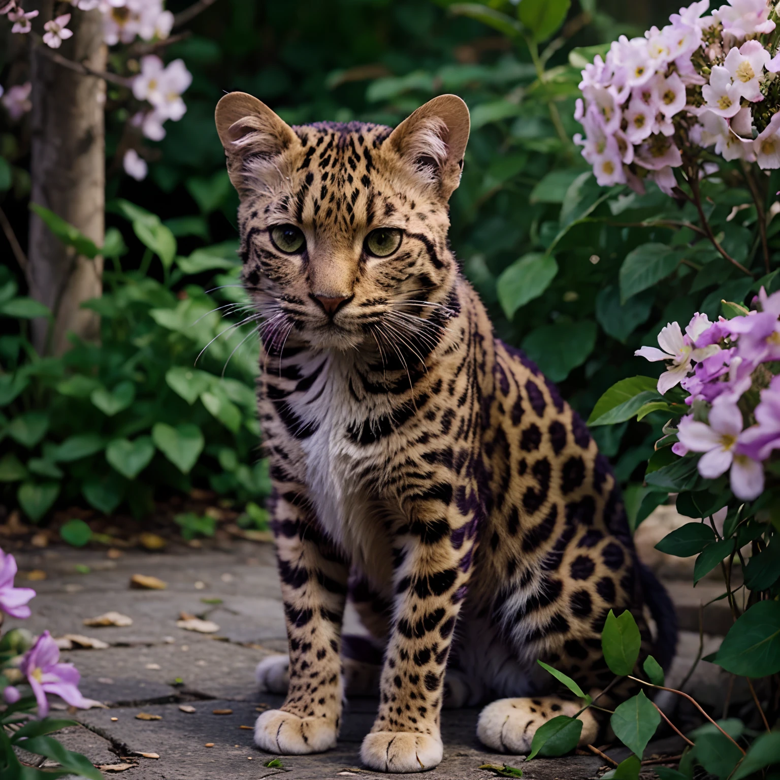 Leopard cat, purple flowers, cinematic, kodak porta photo