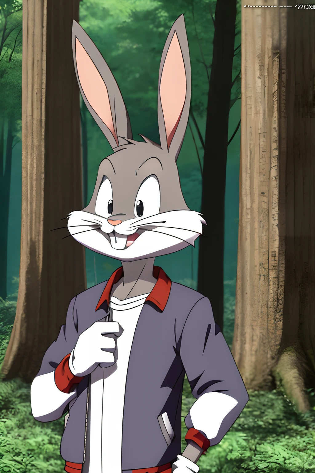 gloves, male, solo, bugs bunny, rabbit, buckteeth, forest, long ears, grey body, grey fur, white fur,furry,anime style, anime screencap, 2010s_\(style\), grin, forest, upper body, short-sleeved jacket with white lining, no eyebrows