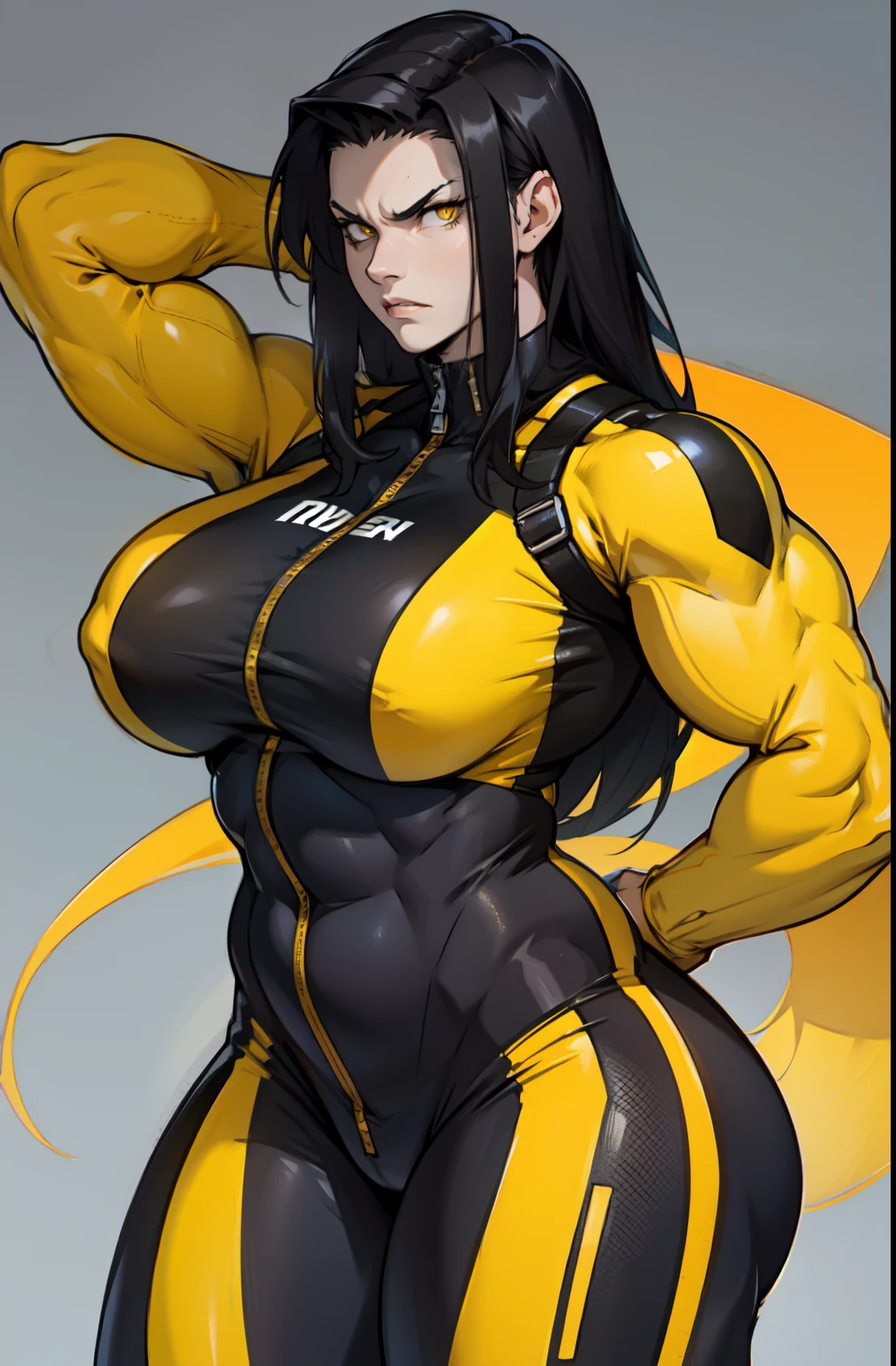 pale skin solo 1 girl black hair yellow eyes angry very long hair huge breasts bodybuilder skinsuit toned body muscular curvy