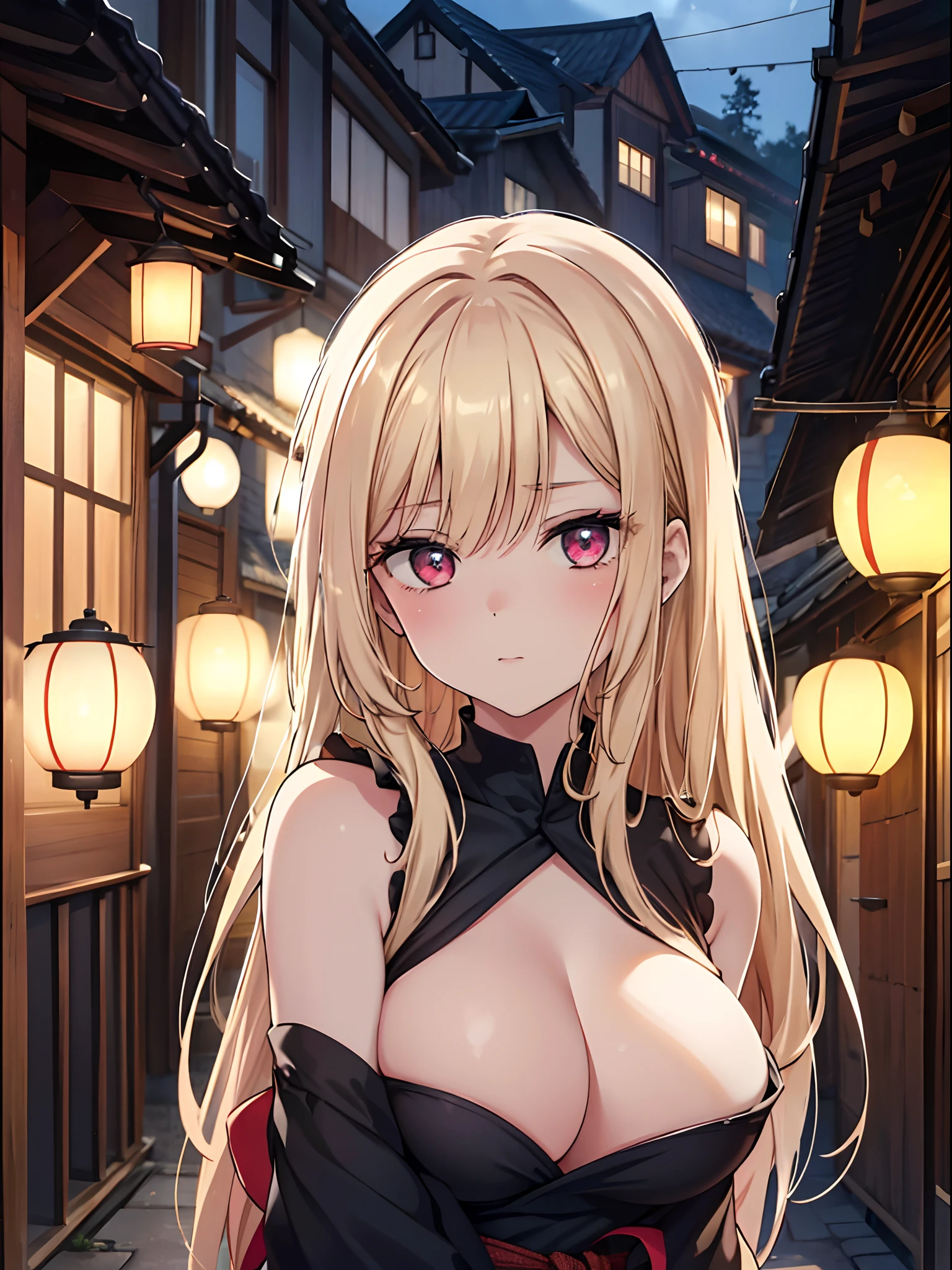 hight resolution, Schatten, absurdres, bester_Quality, Ultra_Detailliert, 8K, extremely_klar, Foto, beautiful, Beautiful face, Scharfer Fokus, HDR, 1girl, Saubere Augen, wide-eyed,Background of a Japanese small old town street with paper lanterns, um Mitternacht, Background darker than the girl in front of it, Beautiful face, big tits, sehr roter Warzenhof, stehend , stehnde brustwarzen, very seductive pose, Blutjung, Kein BH, nackt, nackte Brust, nackte Brust, Kein Top, NSFW, Blond long hair with red stripes,