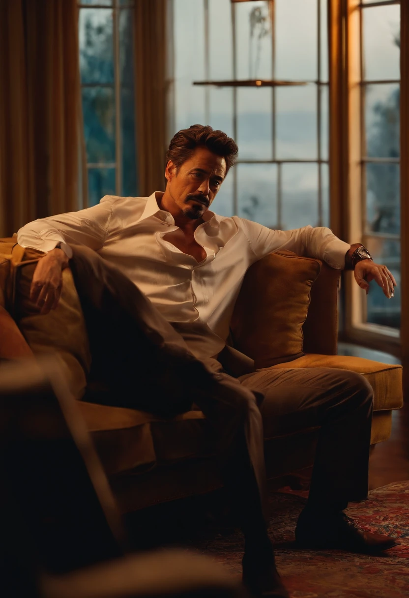 Robert Downey jr, nude, lying on bed, arms behind head, up perspective cam, looking at camera, full body, breathtaking scenery, professional photography, high resolution, masterpiece:1.2