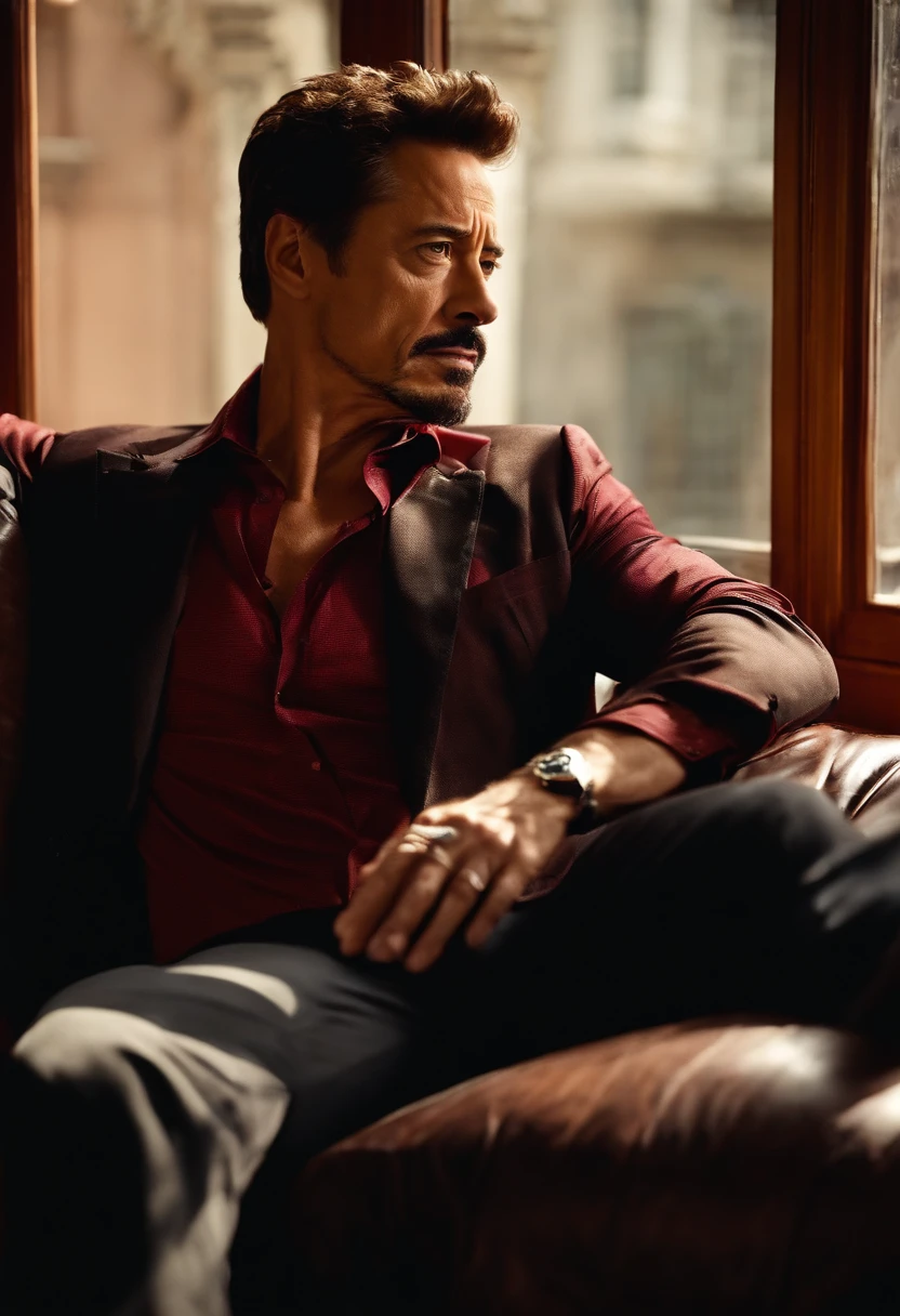 Personnage Tony Stark, chemise ouverte, quite muscular, Looking out a window, sitting on sofa, vers a la main, regard perdu