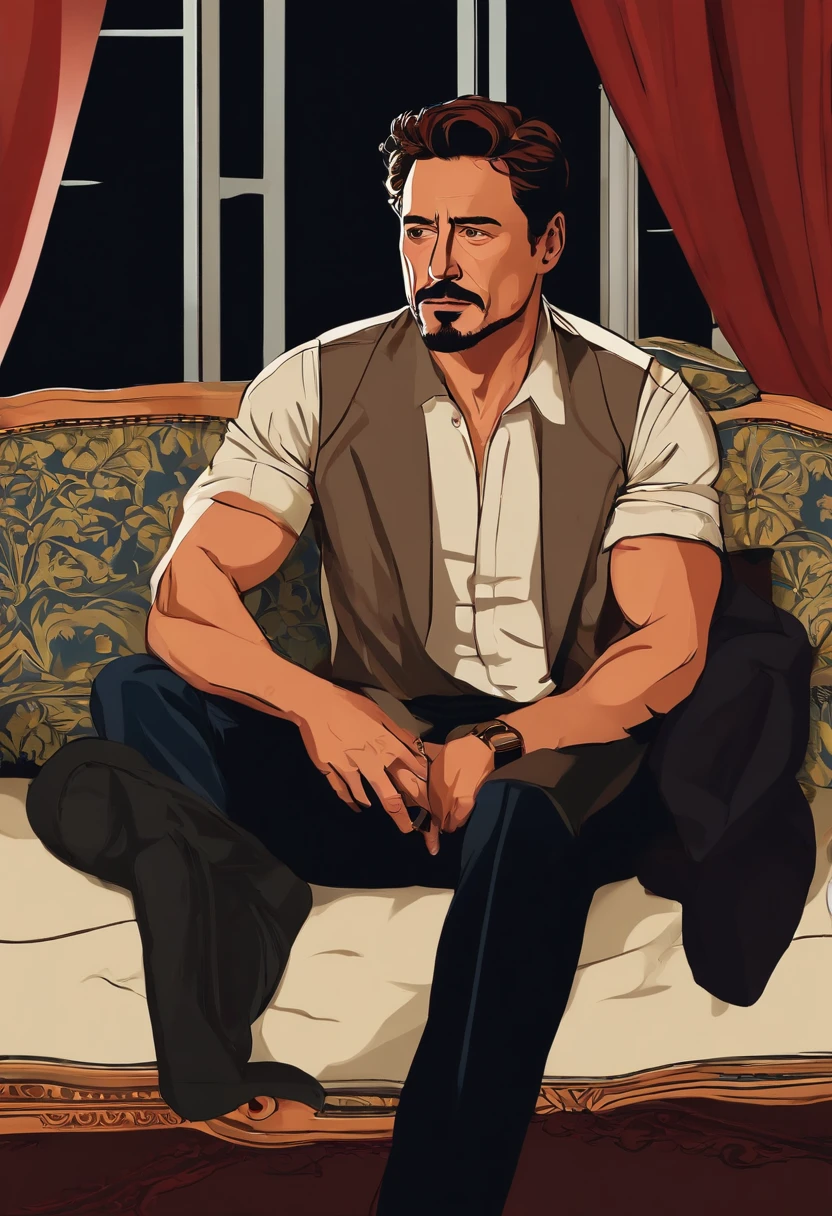 Personnage Tony Stark, chemise ouverte, quite muscular, Looking out a window, sitting on sofa, vers a la main, regard perdu