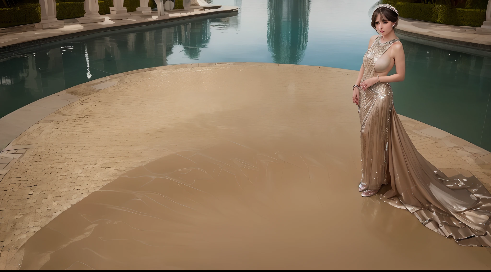 (best quality,8k,highres,masterpiece:1.2),ultra-detailed,(realistic,photorealistic,photo-realistic:1.37), Glamorous Gatsby-Inspired Portraits: Create elegant and timeless portraits of a Flapper with large breast in full Gatsby attire, complete with a sequined dress and feathered headband., Outside by the swimming pool at the Gatsby Mansion, (full body:2), highly detailed