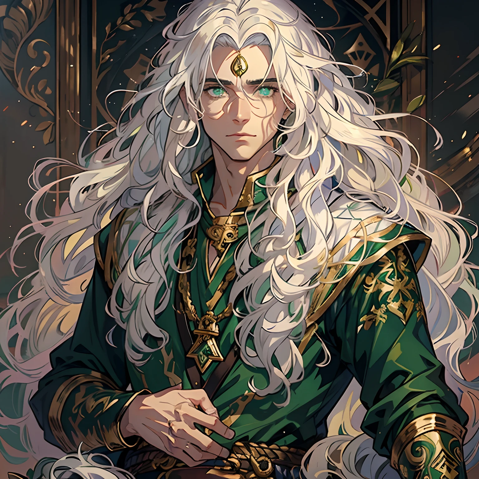 um jovem branco que tem olhos verdes, um olhar determinado, longos cabelos brancos, lindo cabelo lisos, Black and green tunic with gold details, Golden coat of arms on tunic, This man is beautiful and also has the essence of a snake that surrounds him, arte de RPG medieval