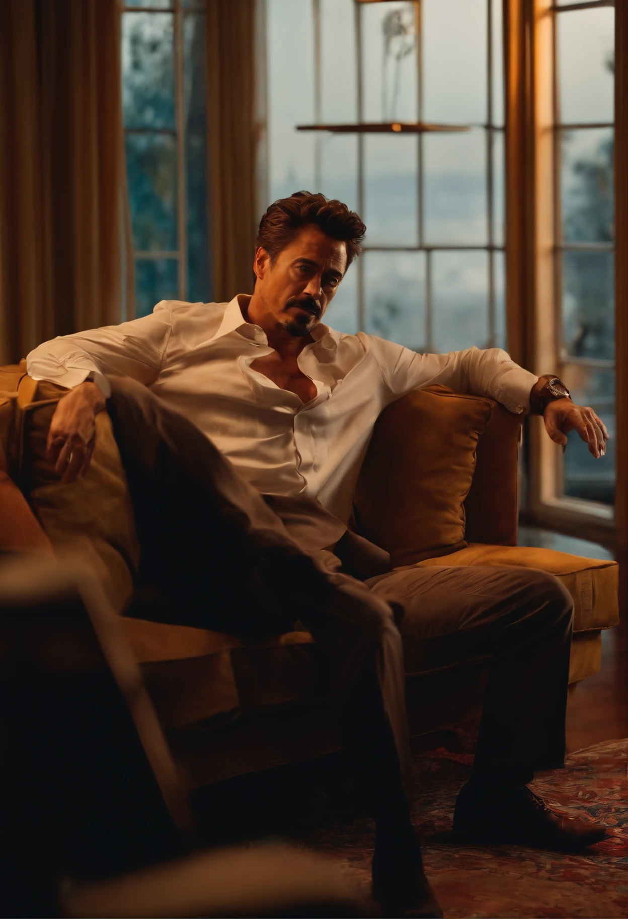 Personnage Tony Stark, chemise ouverte, quite muscular, Looking out a window, sitting on sofa, vers a la main, regard perdu