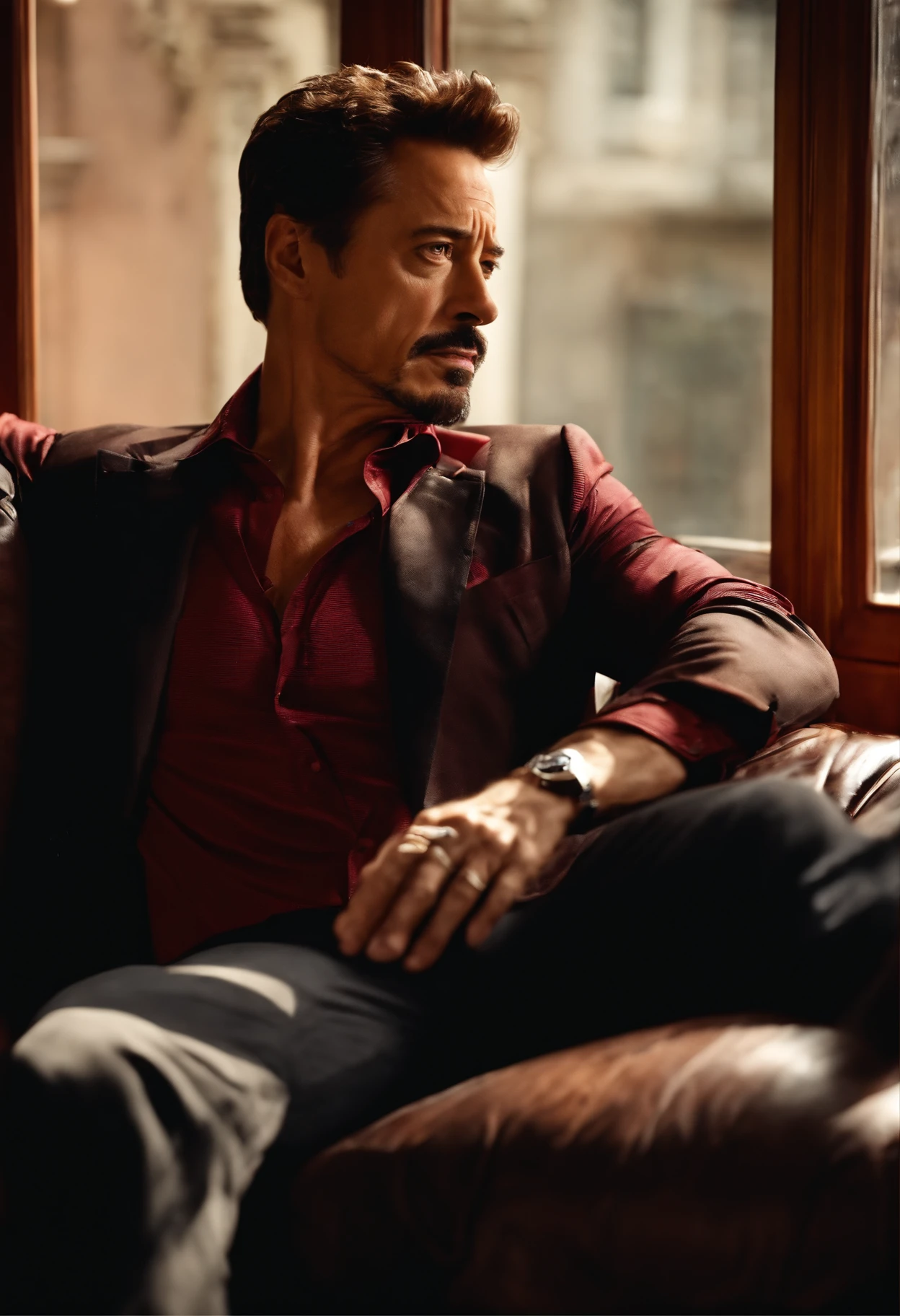 Personnage Tony Stark, chemise ouverte, quite muscular, Looking out a window, sitting on sofa, vers a la main, regard perdu