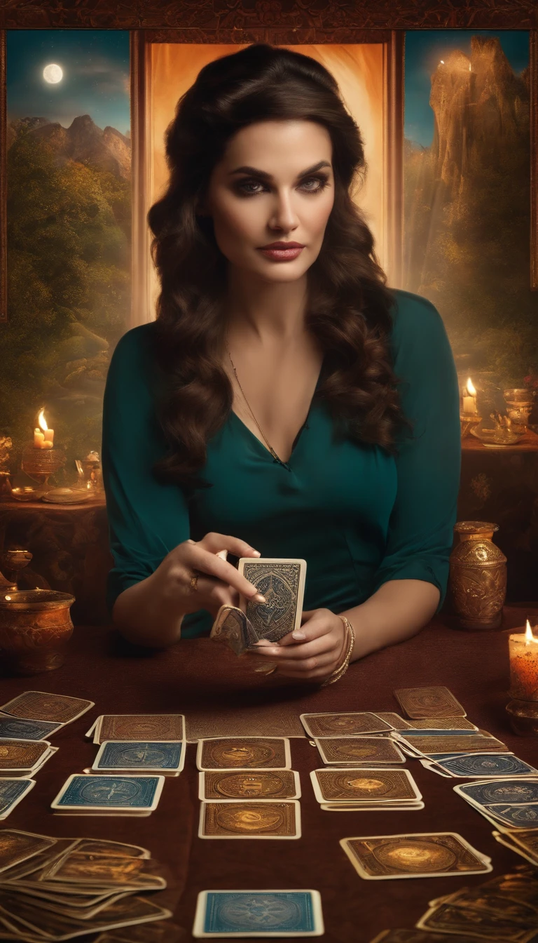 A woman sitting looking at camera and tarot cards on top of table
