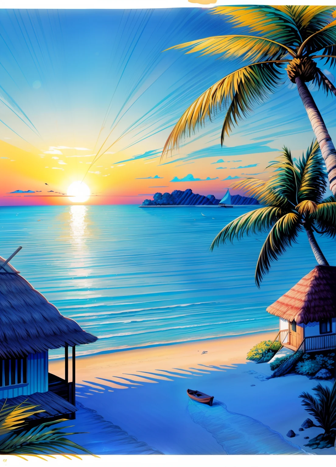 a peaceful seaside landscape, with a beautiful sunset, clear blue waters, sandy beach, palm trees swaying gently in the breeze, colorful seashells scattered on the shore, a cozy beachfront cottage with a thatched roof, a hammock hanging between two trees, a small boat sailing in the distance, vibrant and saturated colors, soft golden lighting.