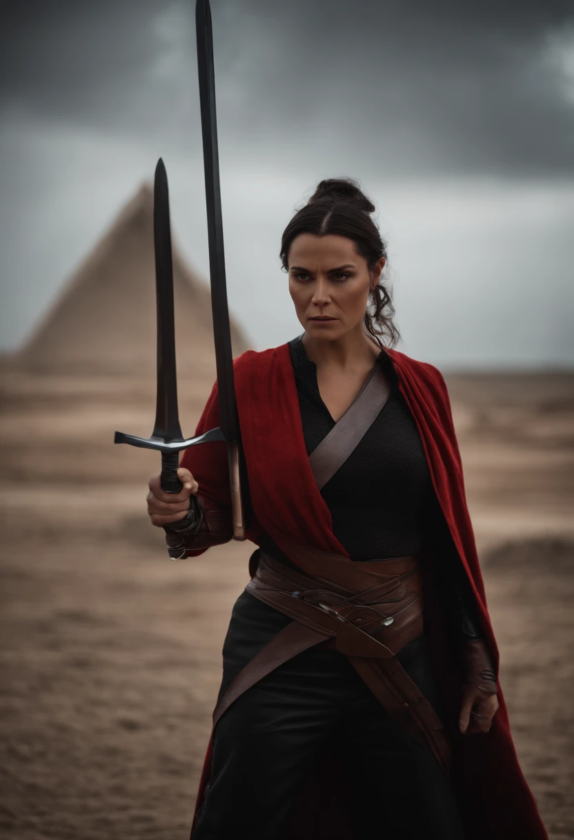 Portrait of a Métis Woman, une Seigneur noir des sith, The angry look, dans une combinaison noire de cuir, Carrying in the right hand, un sabre laser avec une Laura rouge, ready to fight your opponent, Behind her, In the dim light, you can see, une pyramide futuriste de couleur terre rouge