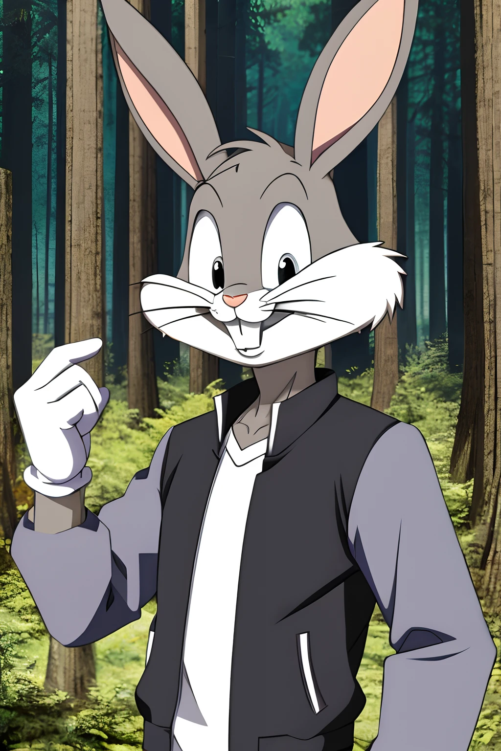 gloves, male, solo, bugs bunny, rabbit, buckteeth, forest, long ears, grey body, grey fur, white fur,furry,anime style, anime screencap, 2010s_\(style\), grin, forest, upper body, short-sleeved jacket with white lining, no eyebrows