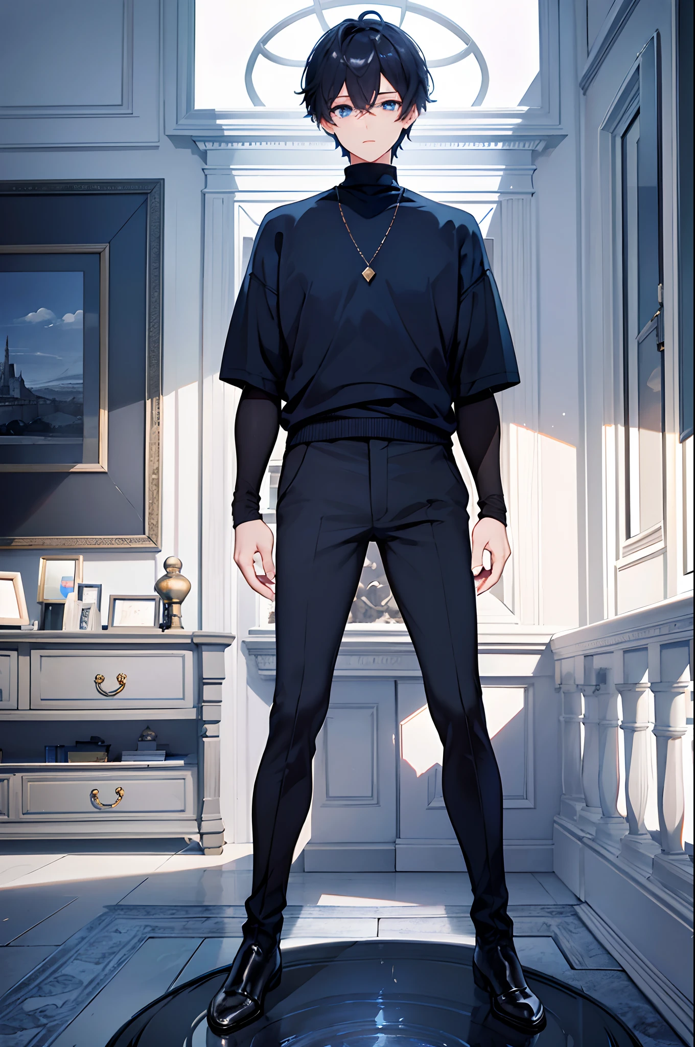 male people Dark blue short hair blue eyess Sweaters Brown Slacks long boots Noble mansion masterpiece Top image quality Clear Parts Cinematic Shadows Increased attractiveness of the eyes Clear the shine of the eyes Draw eyelashes neatly Perfect Eye A detailed eye Sharpen image quality Sharpen eye writing Clear eye shape
