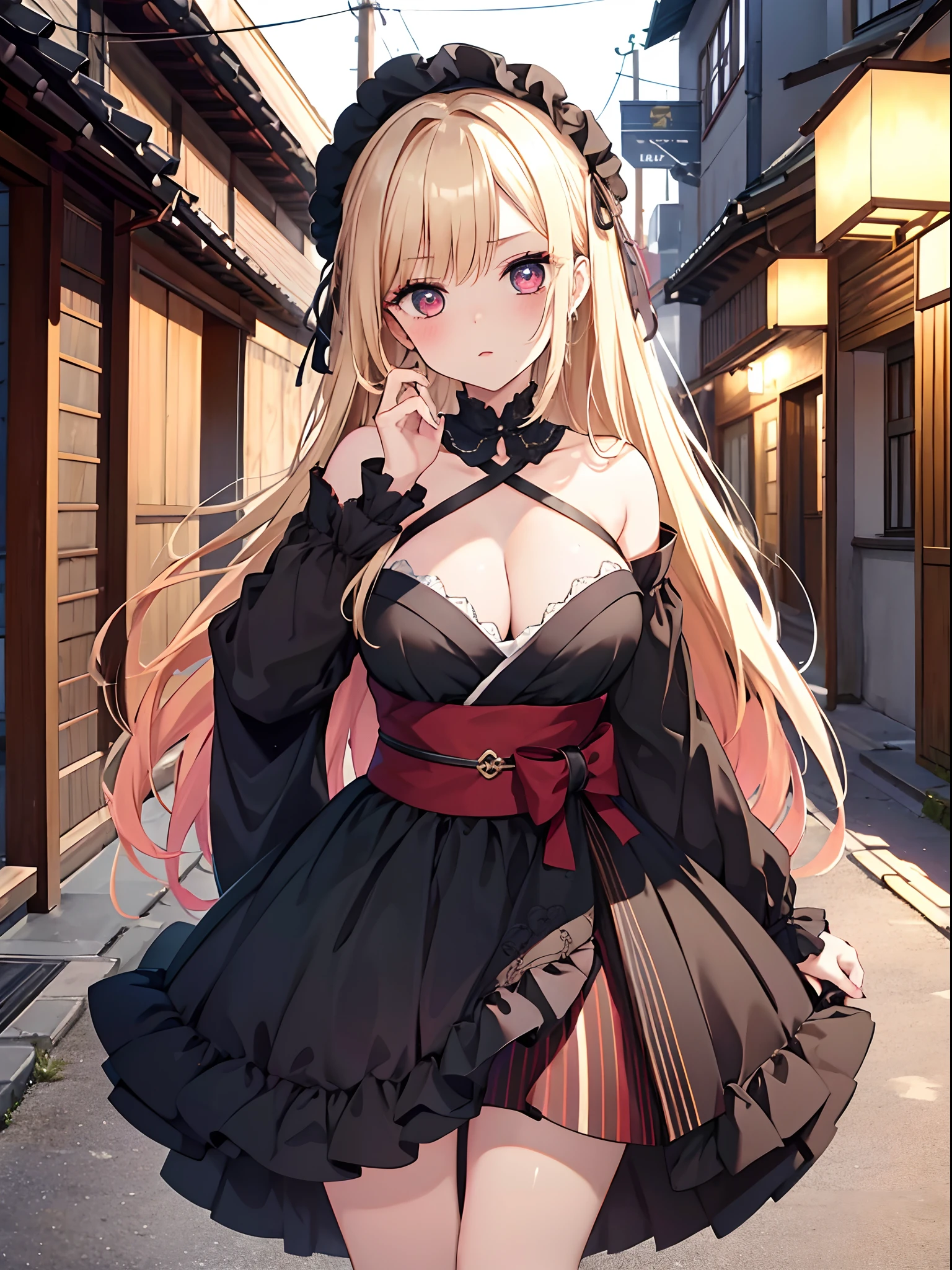 hight resolution, Schatten, absurdres, bester_Quality, Ultra_Detailliert, 8K, extremely_klar, Foto, beautiful, Beautiful face, Scharfer Fokus, HDR, 1girl, Saubere Augen, wide-eyed,Background of a Japanese small old town street with paper lanterns, um Mitternacht, Background darker than the girl in front of it, Beautiful face, big tits, sehr roter Warzenhof, stehend , stehnde brustwarzen, very seductive pose, Blutjung, Kein BH, nackt, nackte Brust, nackte Brust, Kein Top, NSFW, Blond long hair with red stripes, black dress