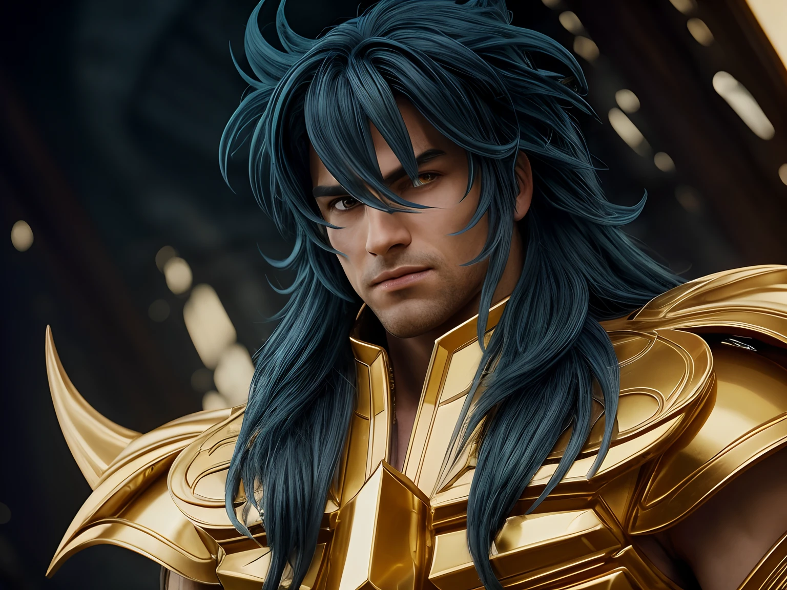 Cinematic stunningly detailed and ultra-realistic Milo Scorpio of Saint Seiya. Close up. Half-body. He is wearing a medieval armor, (full golden armor), shoulder armor, near starry Skye background, (detailed armor, high quality), (ornate armor), Octane is the perfect tool to capture the softest details of this 16k photography masterpiece. He is a handsome caucasian man about 30 years old. 1boy. Caucasian. Beautiful face. Detailed face. Beautiful nose. ((Pretty big eyes)). Perfect eyes. Defined eyes. ((Shaved)). ((Smaller nose)) He has long ((blue)) hair. Messy hair. Bands. Slightly smile. He is staring his enemy. (detailed armor, high quality), (hdr), (noble), inspiring, film, cinematic lighting, goldentech. No strabic.