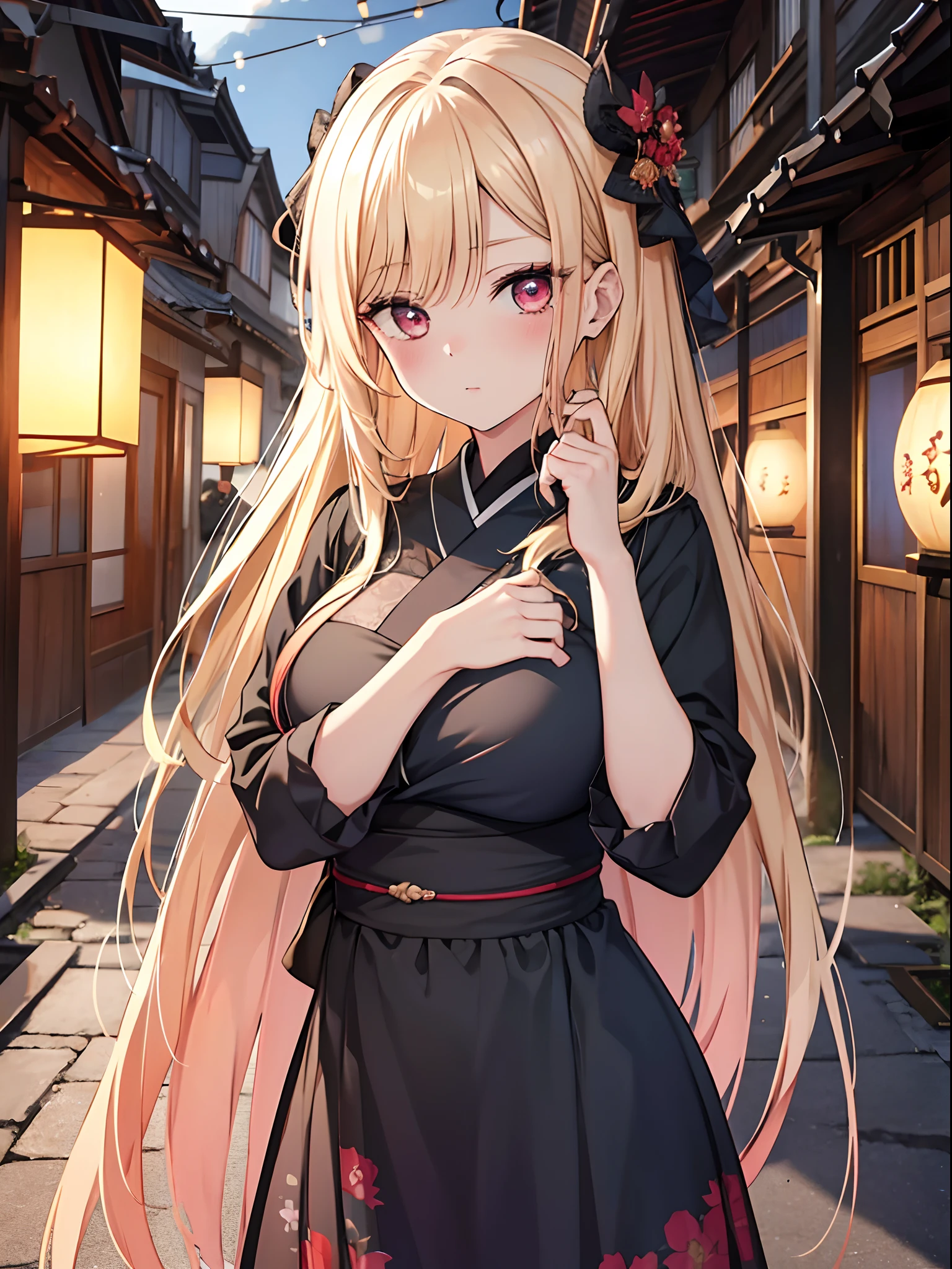 hight resolution, Schatten, absurdres, bester_Quality, Ultra_Detailliert, 8K, extremely_klar, Foto, beautiful, Beautiful face, Scharfer Fokus, HDR, 1girl, Saubere Augen, wide-eyed,Background of a Japanese small old town street with paper lanterns, um Mitternacht, Background darker than the girl in front of it, Beautiful face, big tits, sehr roter ?????????, stehend , stehnde brustwarzen, very seductive pose, Blutjung, Kein BH, ?????, nackte Brust, nackte Brust, Kein Top, NSFW, Blond long hair with red stripes, black dress