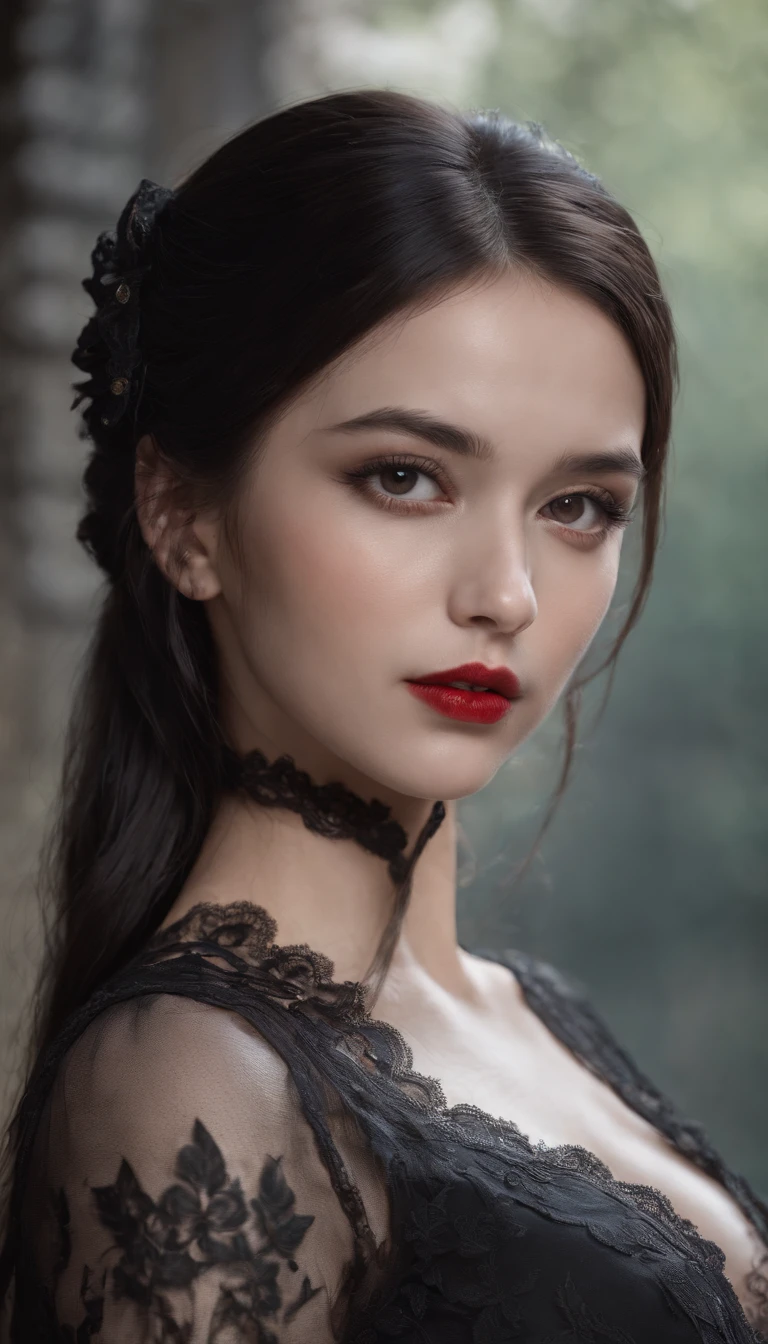 Masterpiece, Best quality, 1 girl, Solo, Natural skin texture, Realistic black eyes and facial details :5),(Dark :1. 4), Deep shadows, Extremely detailed beauty, Detailed eyes and face, sharp black eyes, Red lipstick, No black eyeliner, Detailed gothic costumes, pony tails, Black hair, nikon d850 film, Surreal, Authentic textures, Dramatic, lighting, illusory engine, (facial clarity :1). 5), (Transparent clothes :1); 1) Gothic style, Black lace, tattoo