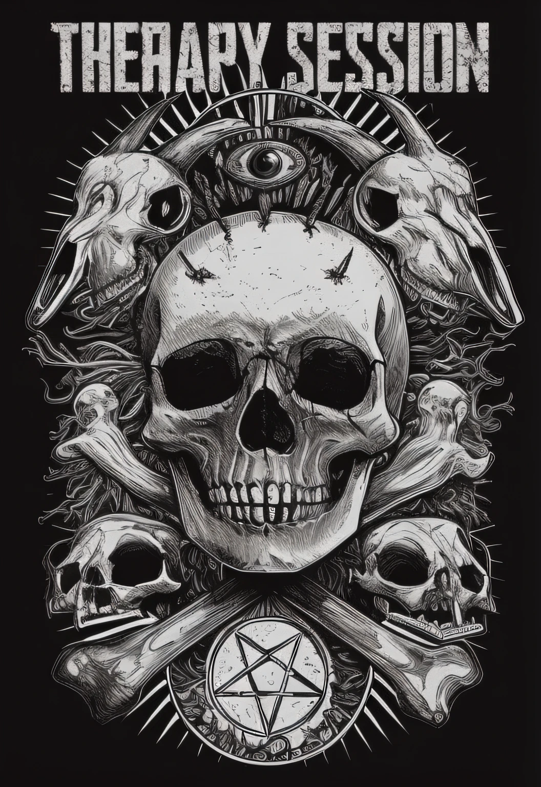A black and white image of a skull with a pentagram and skulls, arte escura altamente detalhada, skull design for a rock band, Marcos Riddick, Arte oculta, Detalhes ocultos, design de tshirt de metal pesado, occult inspired, ((((Arte oculta)))), abstract occult epic composition, adorned with demon skulls, arte detalhada limpa, papel de parede do telefone, oculto
