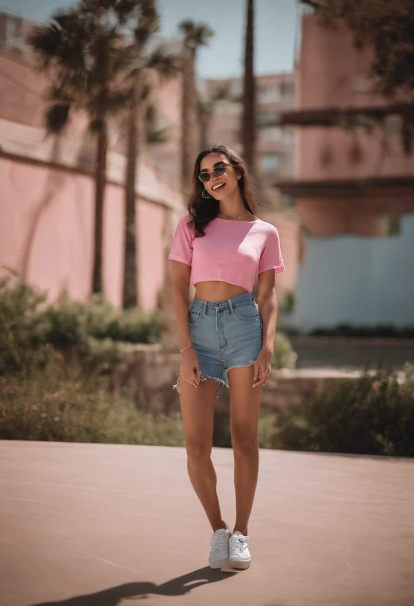 1girl, idol, model, depth of field, photo, film, face, skinny, smile, collarbone, teeth, outside,ssummer , summer glasses, pink top , blue jeans, vans sneakers