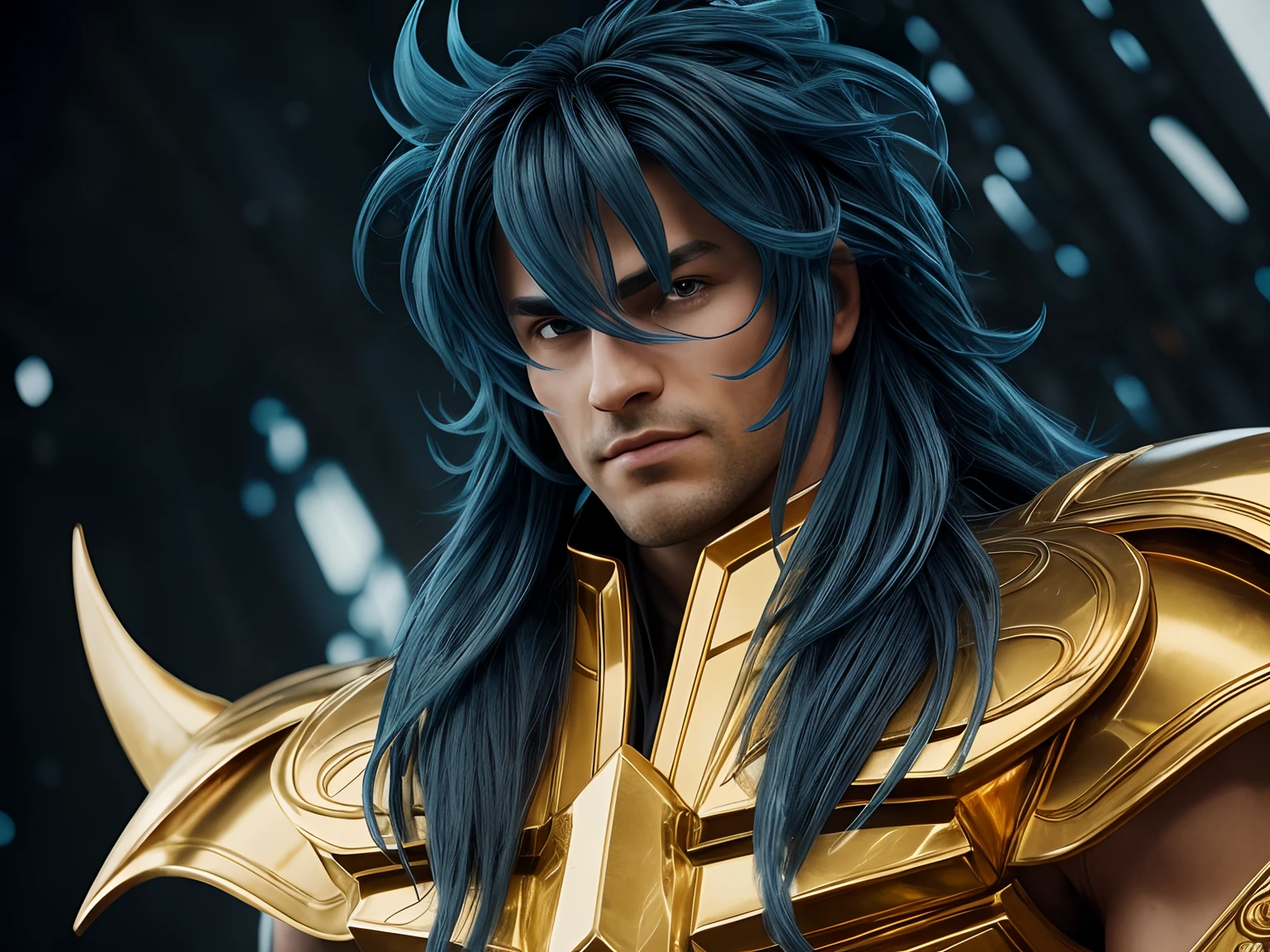 Cinematic stunningly detailed and ultra-realistic Milo Scorpio of Saint Seiya. Close up. Half-body. He is wearing a medieval armor, (full golden armor), shoulder armor, near starry Skye background, (detailed armor, high quality), (ornate armor), Octane is the perfect tool to capture the softest details of this 16k photography masterpiece. He is a handsome caucasian man about 30 years old. 1boy. Caucasian. Beautiful face. Detailed face. Beautiful nose. ((Pretty big eyes)). Perfect eyes. Defined eyes. ((Shaved)). ((Smaller nose)) He has long ((blue)) hair. Messy hair. Bands. Slightly smile. He is staring his enemy. (detailed armor, high quality), (hdr), (noble), inspiring, film, cinematic lighting, goldentech. No strabic.