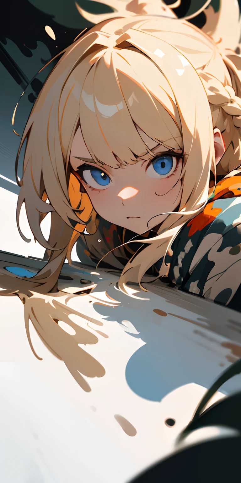 1girl, blonde hair, bangs hair, hairstyle with 2 braids, blue eyes, wearing camouflage sweater, high res, ultrasharp, 8k, masterpiece, looking at viewer, forest camouflage, fine brushwork, subtle shading, precise detailing, meticulous artistry, striking contrast, photography, serious, cute, paint splashes, splatter, outrun, vaporware, shaded flat illustration, digital art, trending on artstation, highly detailed, fine detail, intricate