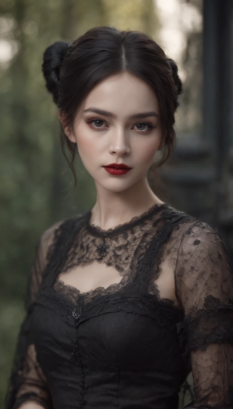 Masterpiece, Best quality, 1 girl, Solo, Natural skin texture, Realistic black eyes and facial details :5),(Dark :1. 4), Deep shadows, Extremely detailed beauty, Detailed eyes and face, sharp black eyes, Red lipstick, No black eyeliner, Detailed gothic costumes, pony tails, Black hair, nikon d850 film, Surreal, Authentic textures, Dramatic, lighting, illusory engine, (facial clarity :1). 5), (Transparent clothes :1); 1) Gothic style, Black lace, tattoo