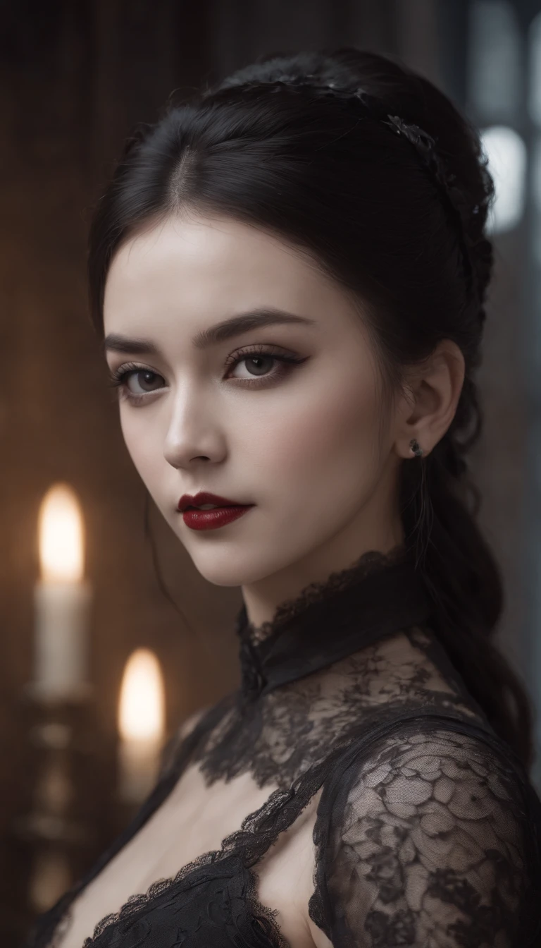 Masterpiece, Best quality, 1 girl, Solo, Natural skin texture, Realistic black eyes and facial details :5),(Dark :1. 4), Deep shadows, Extremely detailed beauty, Detailed eyes and face, sharp black eyes, Red lipstick, No black eyeliner, Detailed gothic costumes, pony tails, Black hair, nikon d850 film, Surreal, Authentic textures, Dramatic, lighting, illusory engine, (facial clarity :1). 5), (Transparent clothes :1); 1) Gothic style, Black lace, tattoo