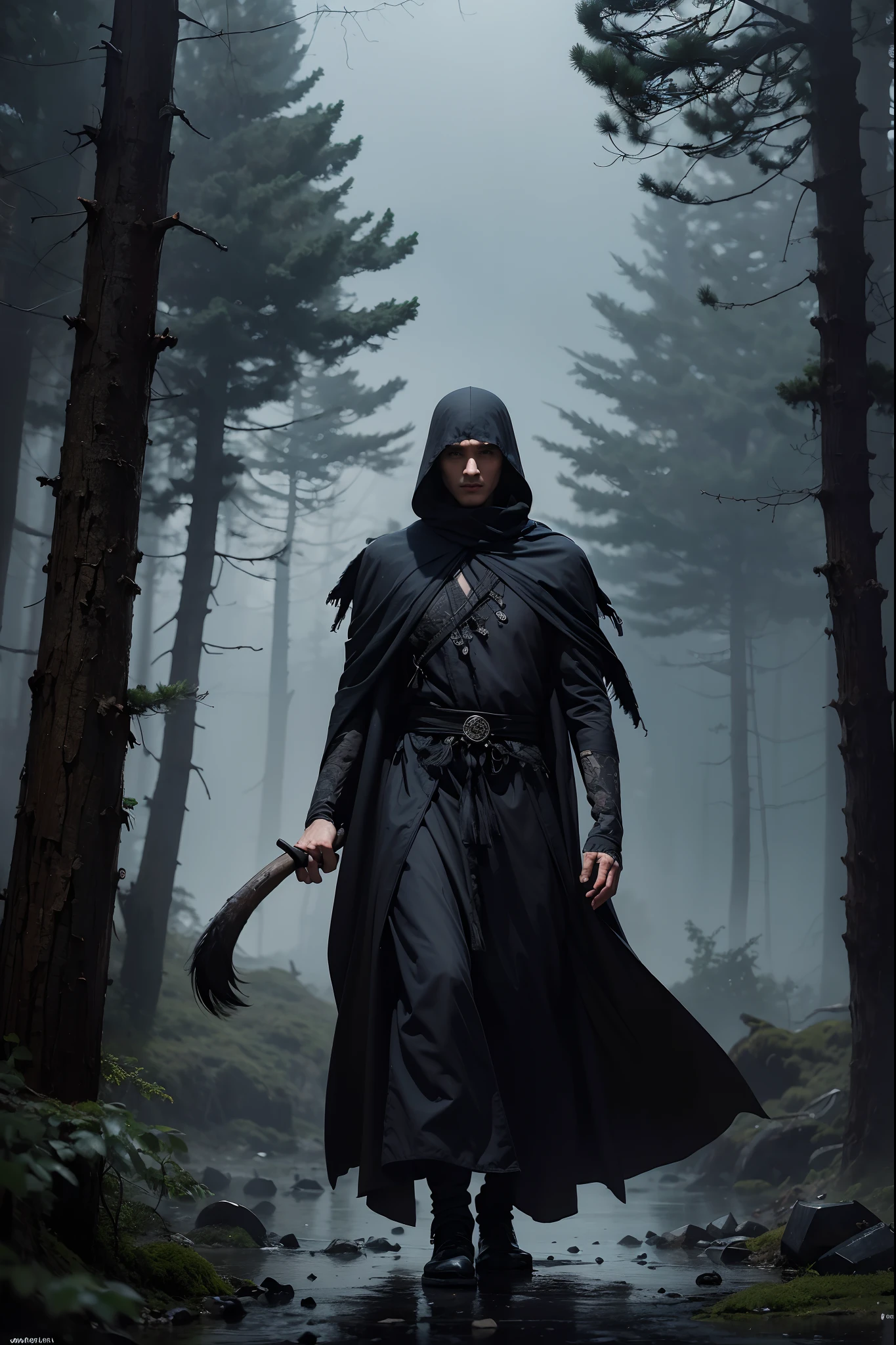 a anthropomorphic crow wearing tattered monks robes walks sadly through the stormy anddark pine forest, highly detailed illustration,concept art, magical realism