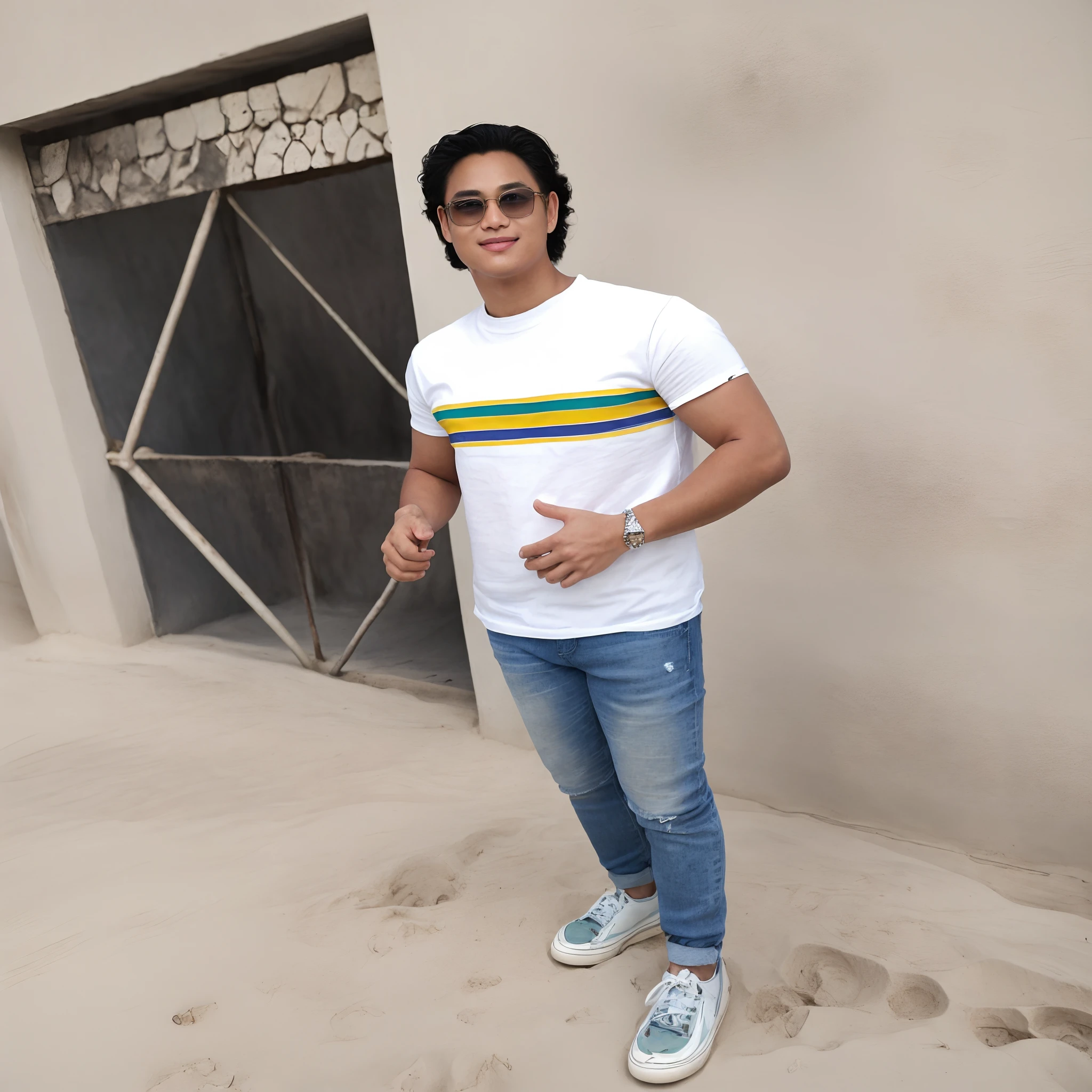 (masterpiece:1.1),(best quality:1.1),1 boy,wearing jeans,white shirt,portrait close-up,soft light,man jxx,hawaii beach,palm tree,early morning,the sun shines on the face,smile,look at the audience,