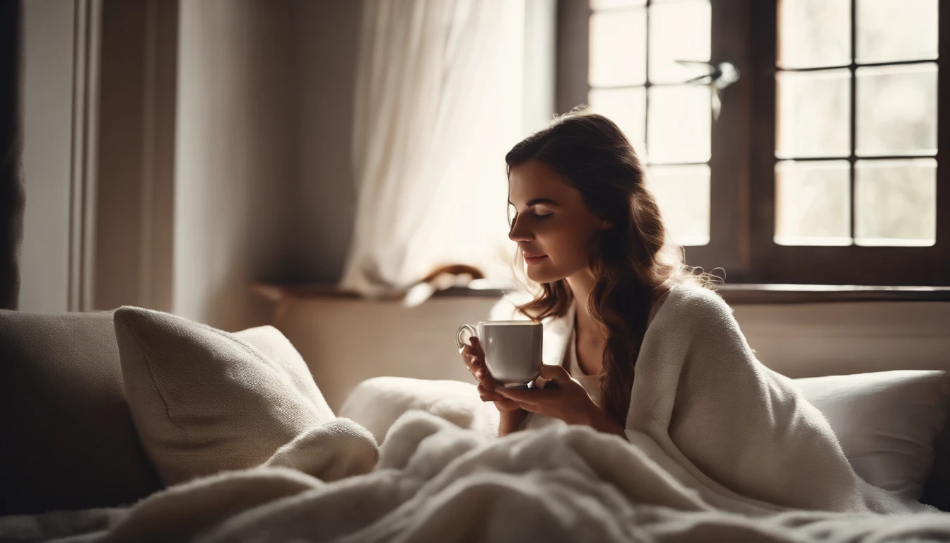 create a bright scene with a white blanket and a girl sipping some tea and relaxing in a cosy home.