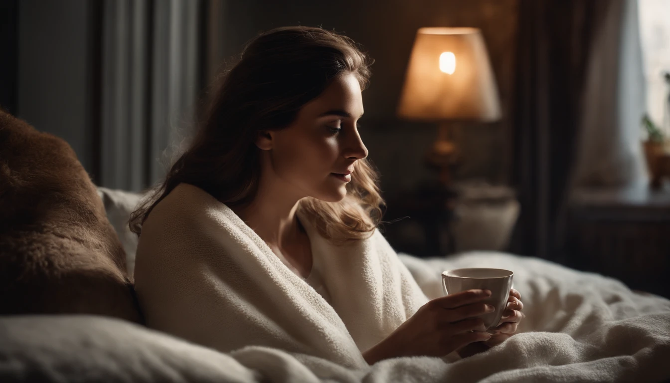 create a bright scene with a white blanket and a girl sipping some tea and relaxing in a cosy home.