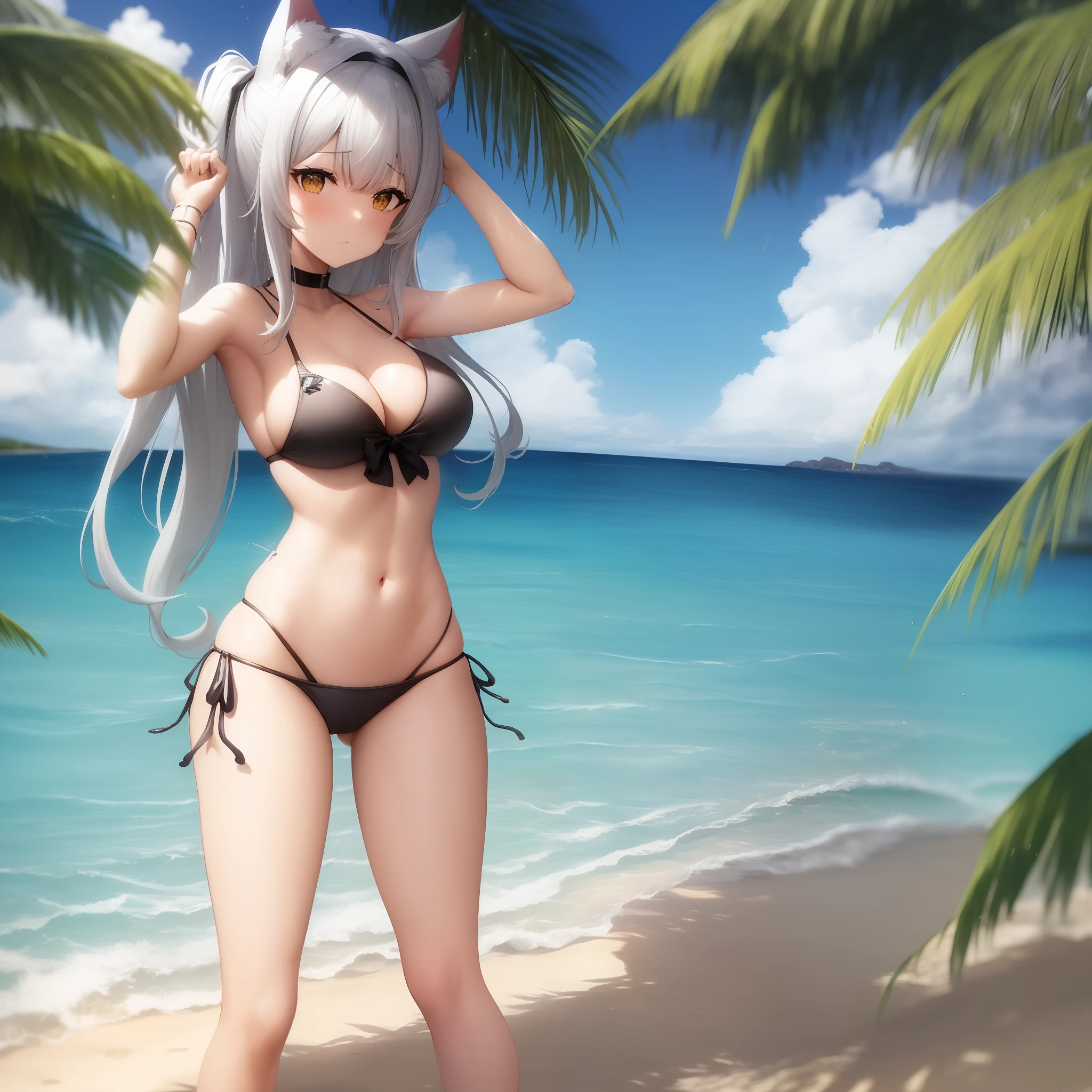 A woman in a bikini and cat ears is standing on the beach, Marisa Kirisame, menina anime sedutora, kantai collection style, Estilo de pista Azur, anime melhor garota, Do videogame Azur Lane, mulher bonita sedutora do anime, roupa de banho, menina anime loira com cabelo longo, deusa anime, menina anime bonita, em uma praia ensolarada, menina anime atraente