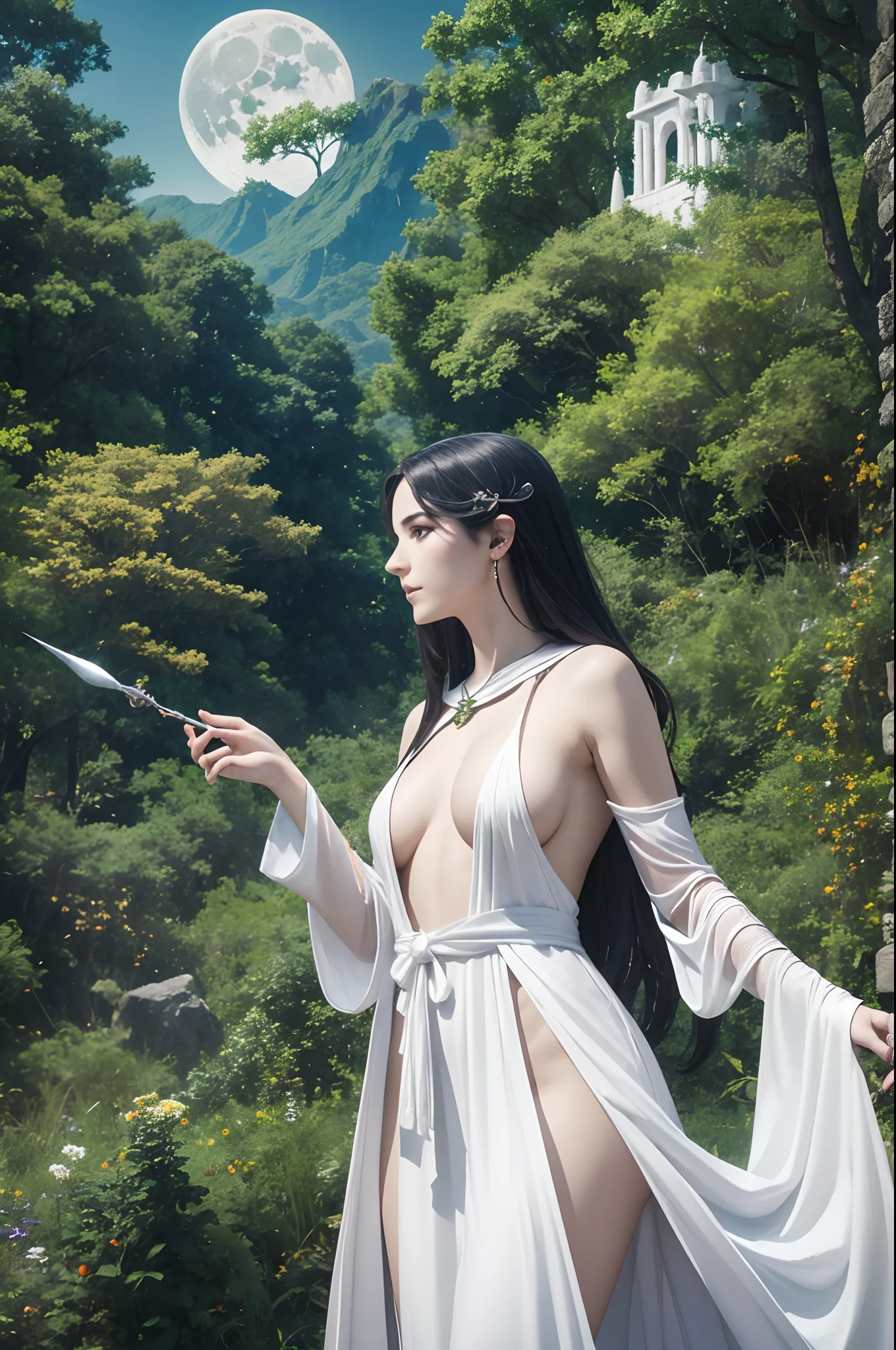 sorceress woman,White traditional costume,wands,Background joins the temple,green mountains,full bodyesbian,frontage,The moon hangs high in the sky