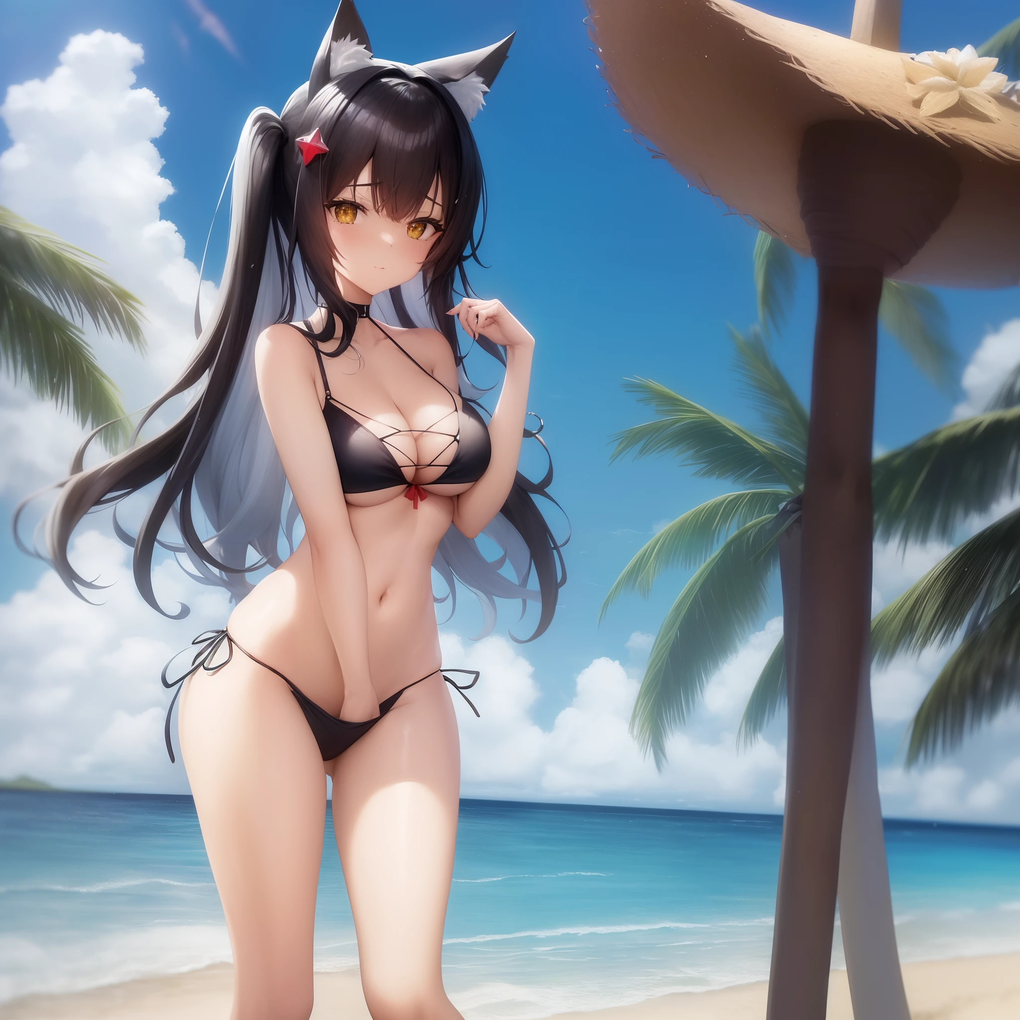 A woman in a bikini and cat ears is standing on the beach, Marisa Kirisame, menina anime sedutora, kantai collection style, Estilo de pista Azur, anime melhor garota, Do videogame Azur Lane, mulher bonita sedutora do anime, roupa de banho, menina anime loira com cabelo longo, deusa anime, menina anime bonita, em uma praia ensolarada, menina anime atraente