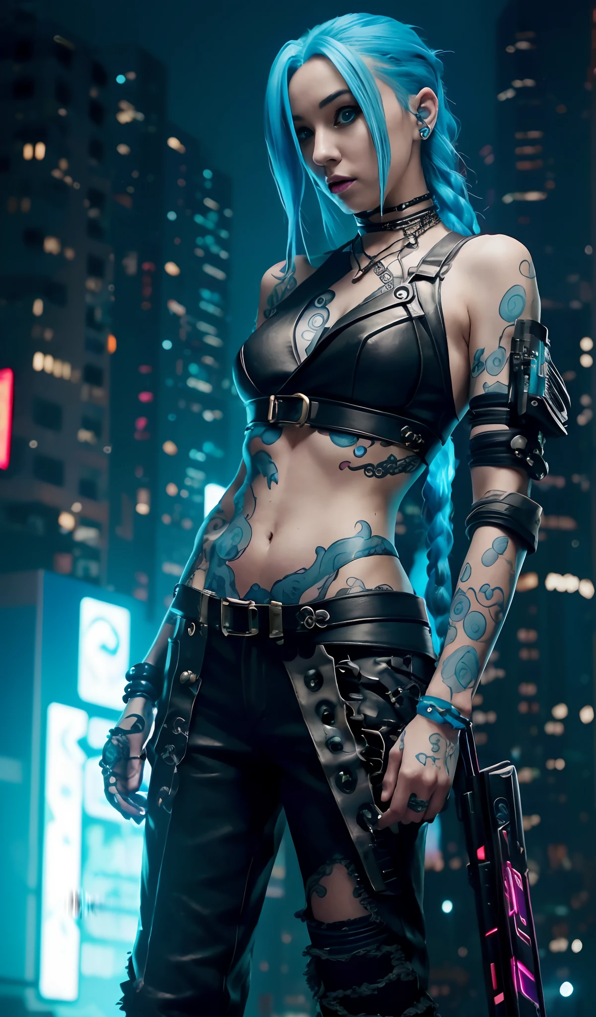 jinx arcane, a woman with blue hair and tattoos, cyberpunk woman anime woman, pants, beautiful angry cyberpunk goddess, cyberpunk art style, cyberpunk anime digital art, cyberpunk anime art, Arcane Jinx Portrait, cyberpunk anime art, cyberpunk themed art, cyberpunk dark fantasy