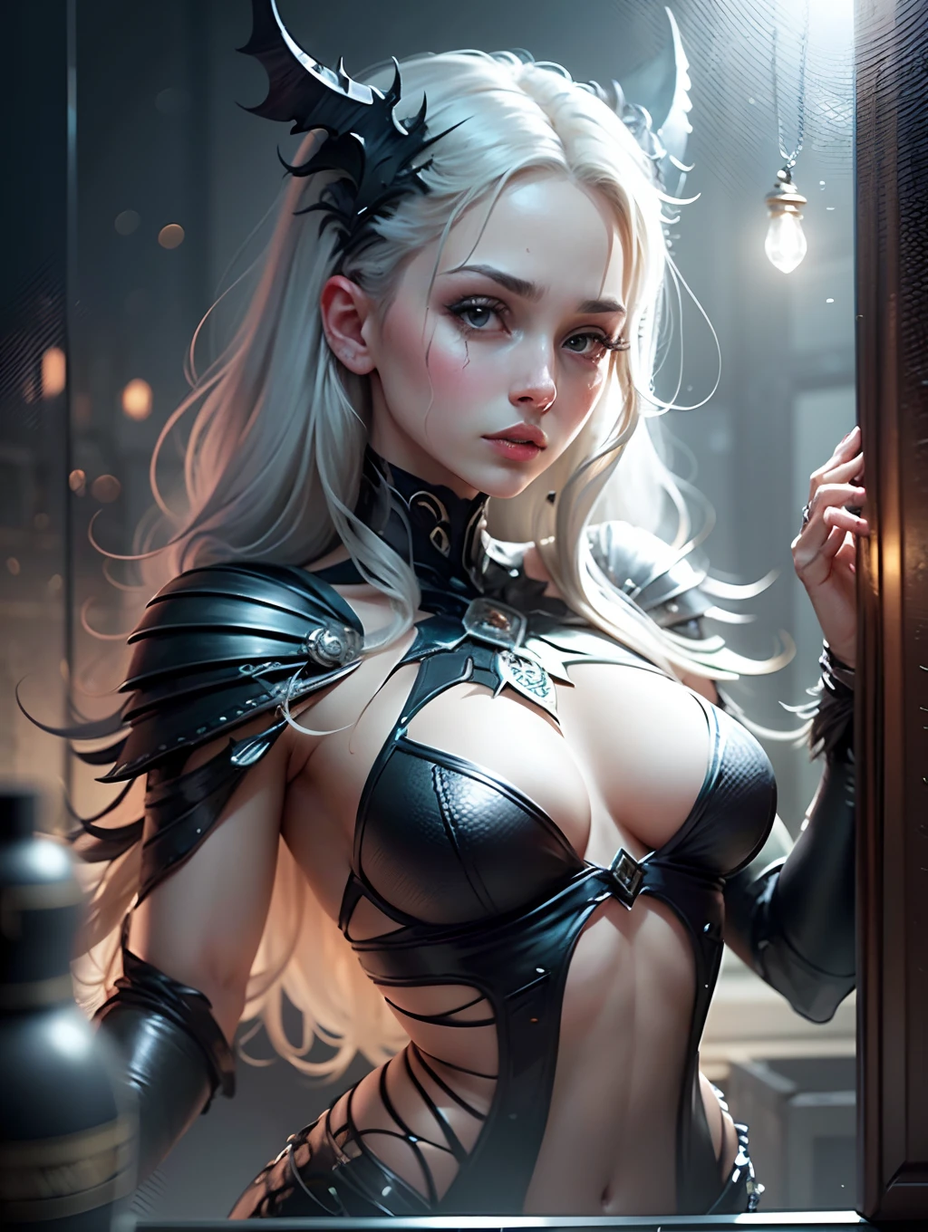 generate an image of a disturbing female night queen character with a gothic and magical theme. The character should be illustrated in the style of Magic: The Gathering. The image should be of the highest quality possible and have a high resolution of 8k. It should showcase great attention to detail, particularly in the face, with a bit of a neon color palette. The image should also have a mysterious and obscure vibe, featuring elements such as gore, bones, flesh, and light and shadow effects. Additionally, please include nice hand-drawn details and perspective. The image should have a macro level of detail and utilize volumetric light for added effect. It should also have ultra-detailed textures and realistic reflections on surfaces. The overall result should be incredible, resembling a masterpiece with cinematic effects. Please ensure that the proportions of the main object are observed according to the canvas ratio, placing it in the center of the image and fitting it into the entire canvas. The image should be in UHD (Ultra High Definition). --auto --s2