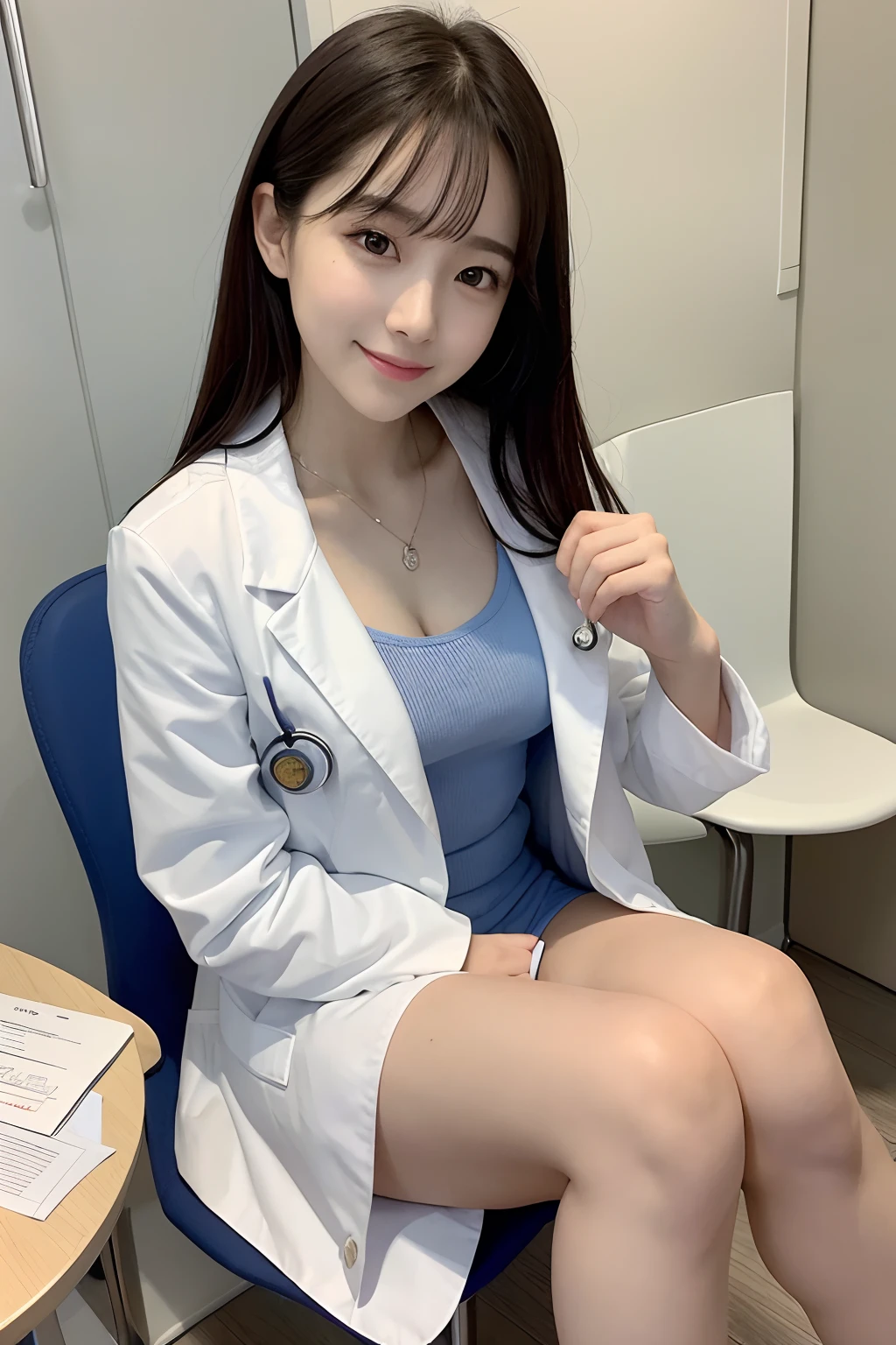1womanl、(Super beautiful)、(beauitful face:1.5)、physician、(Dressing:1.3)、(White coat for doctors:1.5)、white shirt、(a miniskirt:1.3)、Sit in a chair in the exam room、(showing panties)、(white panties)、with spreading legs、(stethoscope)、eye glass、(At SFW:1.1)