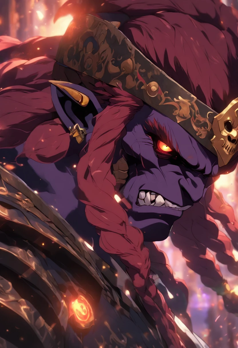 Personnage Ganondorf , Close-up intensity, Animated GIFS, Made of skull, Muralisme mexicain, PlayStation 5 screenshot, dark purple and white --AR 69:128 --s 750 --V 5.2