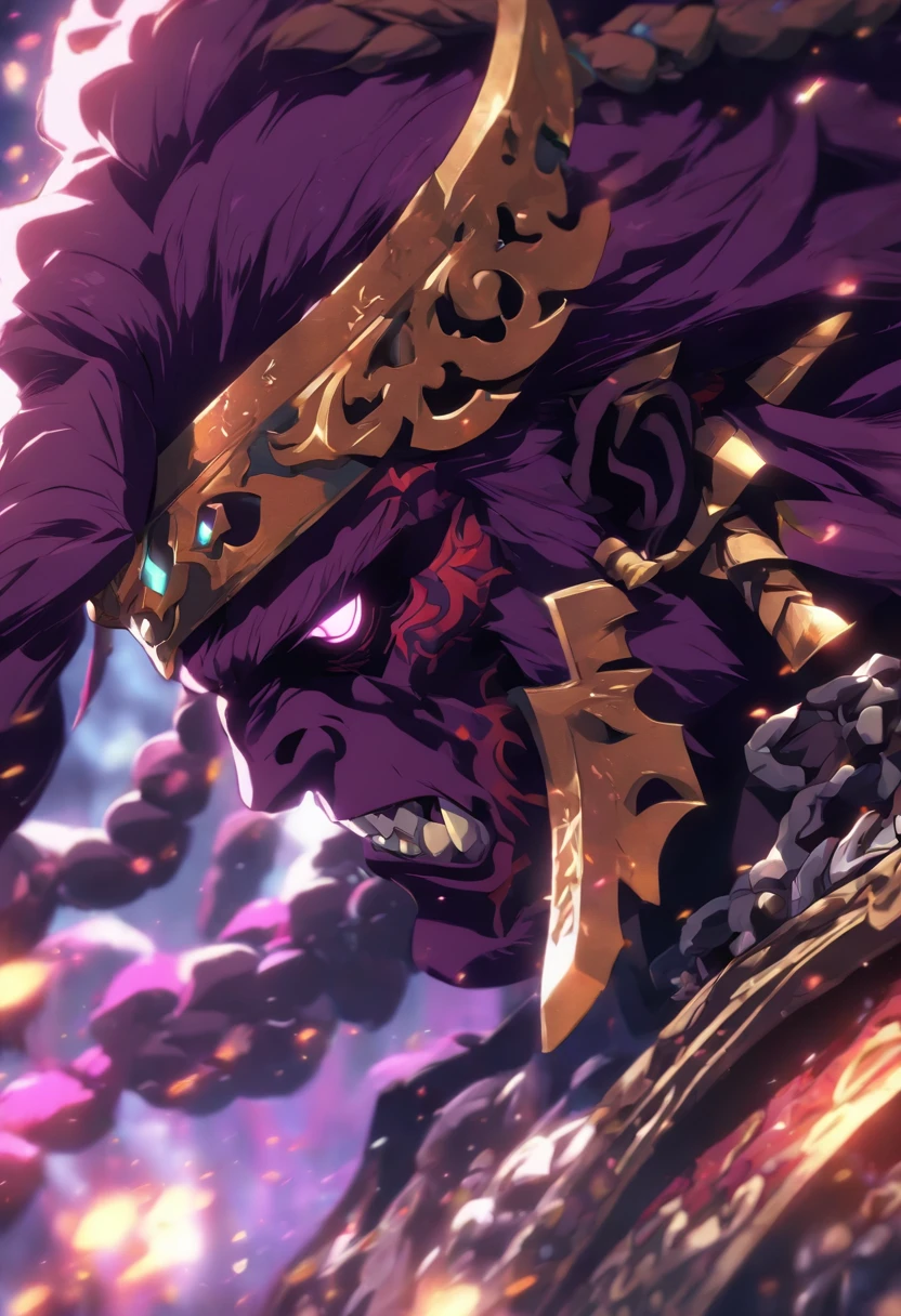 Personnage Ganondorf , Close-up intensity, Animated GIFS, Made of skull, Muralisme mexicain, PlayStation 5 screenshot, dark purple and white --AR 69:128 --s 750 --V 5.2