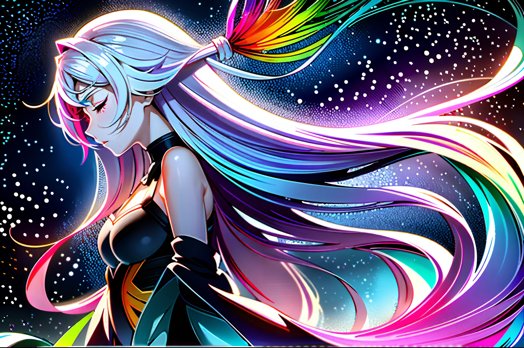 profile, (1 girl is rainbow long hair, hair fluttering in the strong wind:1.3), sharp triangle face, closed eyes, thinking expression, pale white dress, left position, colorful galaxy background intricate detailed, mixed media, concept art of rainbow, beauty beautiful, hair lighting, sleek stylish, ultra quality, insane details, high resolution, fantasy mysterious atmosphere,