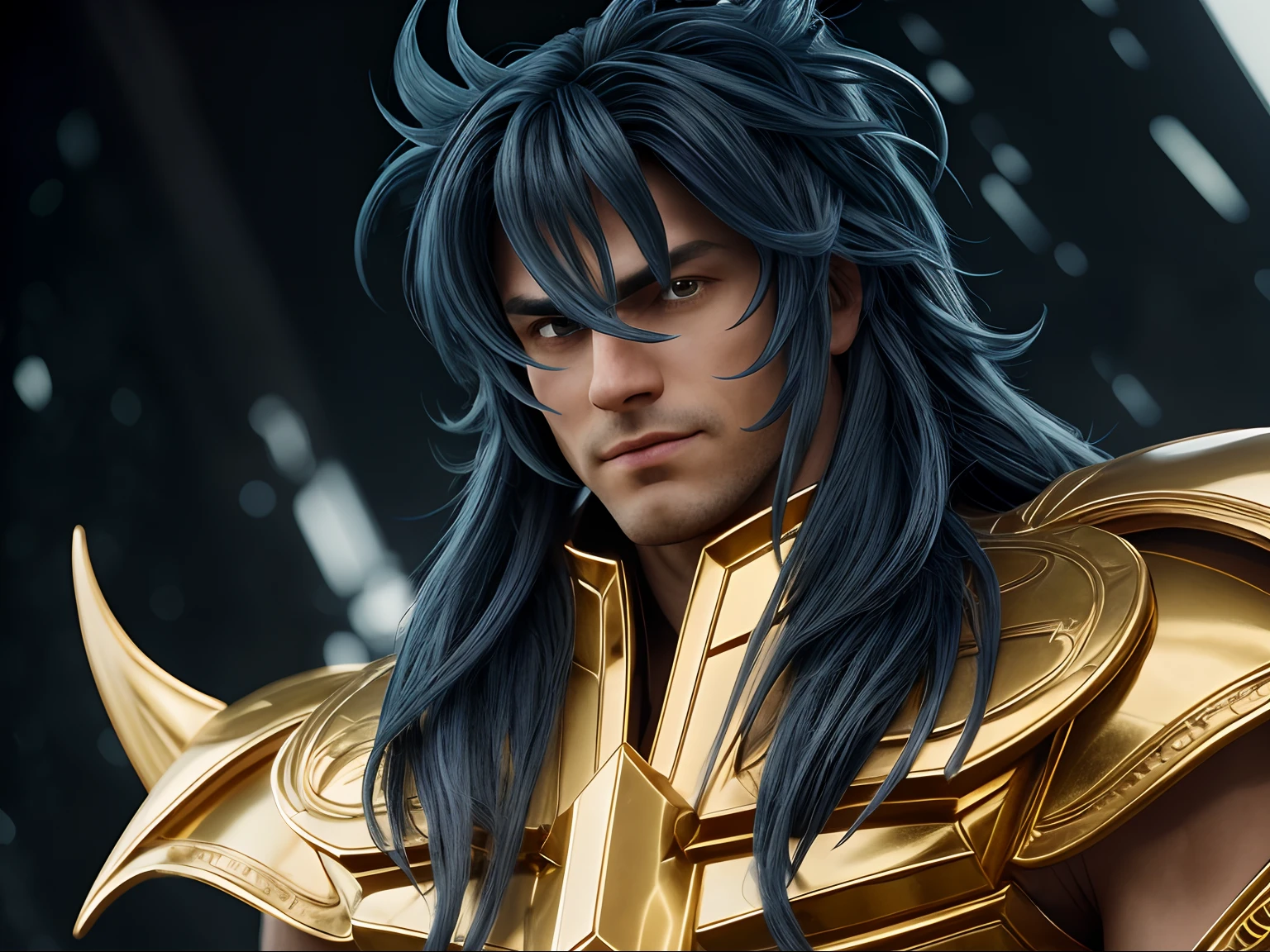 Cinematic stunningly detailed and ultra-realistic Milo Scorpio of Saint Seiya. Close up. Half-body. He is wearing a medieval armor, (full golden armor), shoulder armor, near starry Skye background, (detailed armor, high quality), (ornate armor), Octane is the perfect tool to capture the softest details of this 16k photography masterpiece. He is a handsome caucasian man about 30 years old. 1boy. Caucasian. Beautiful face. Detailed face. Beautiful nose. ((Pretty big eyes)). Perfect eyes. Defined eyes. ((Shaved)). ((Smaller nose)) He has long ((blue)) hair. Messy hair. Bands. Slightly smile. He is staring his enemy. (detailed armor, high quality), (hdr), (noble), inspiring, film, cinematic lighting, goldentech. No strabic.