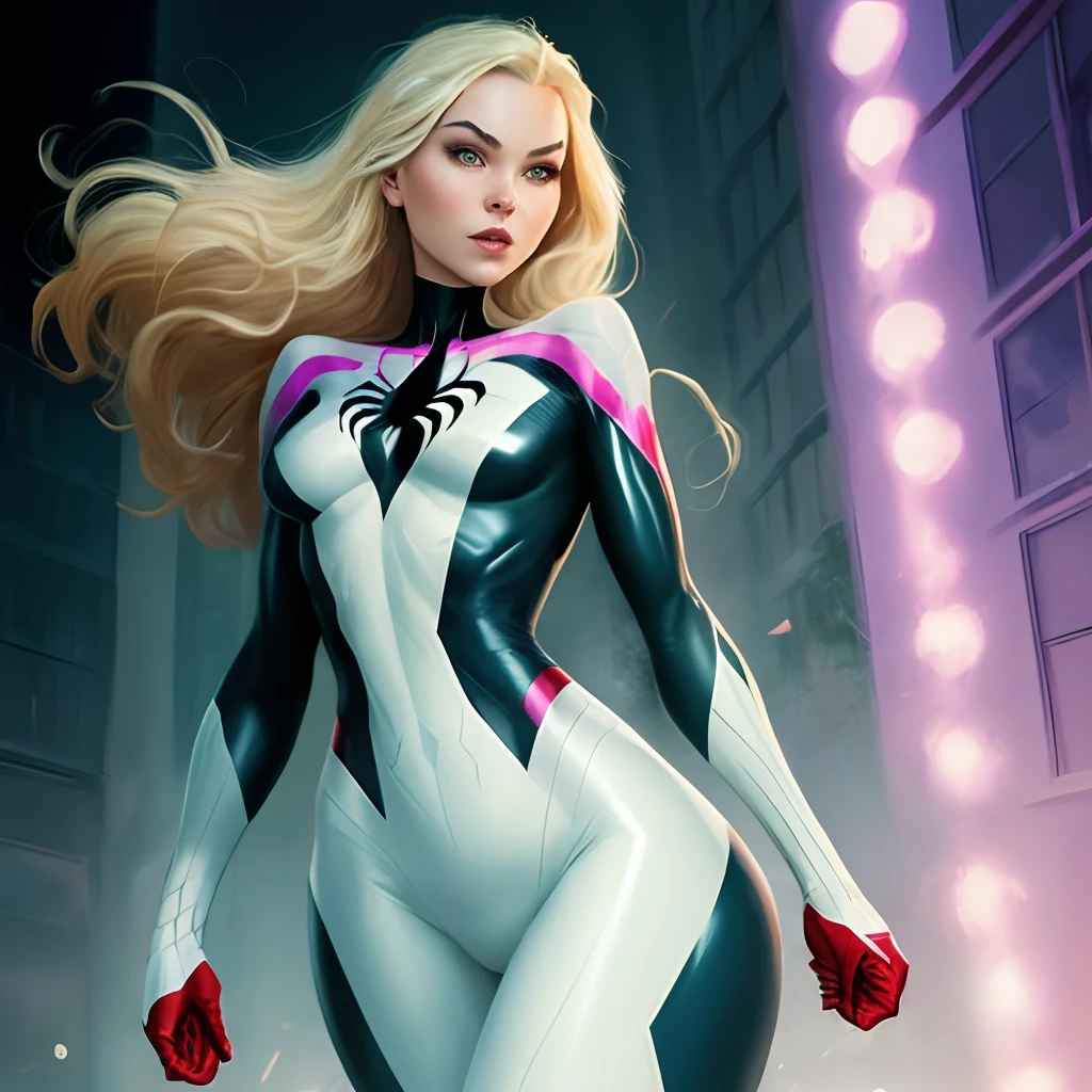 Beautiful spider Gwen, spider woman. Marvel’s comics. Long Blonde hair, green eyes. 40 years old. wide hips