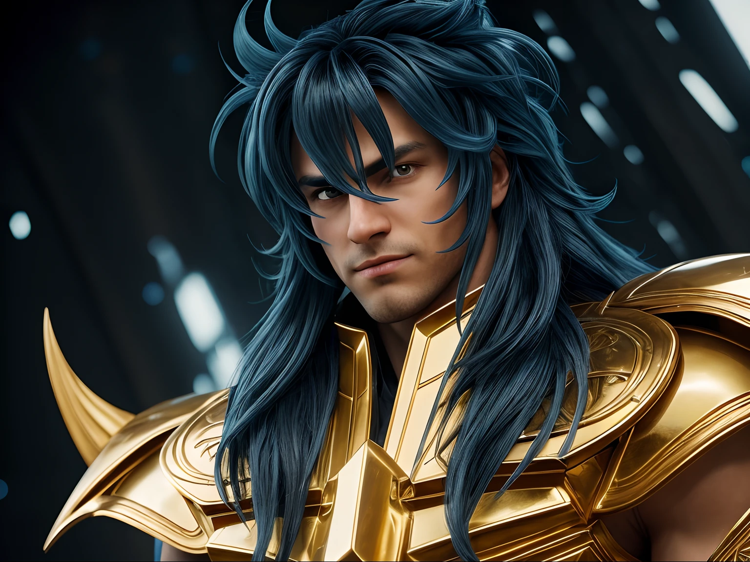 Cinematic stunningly detailed and ultra-realistic Milo Scorpio of Saint Seiya. Close up. Half-body. He is wearing a medieval armor, (full golden armor), shoulder armor, near starry Skye background, (detailed armor, high quality), (ornate armor), Octane is the perfect tool to capture the softest details of this 16k photography masterpiece. He is a handsome caucasian man about 30 years old. 1boy. Caucasian. Beautiful face. Detailed face. Beautiful nose. ((Pretty big eyes)). Perfect eyes. Defined eyes. ((Shaved)). ((Smaller nose)) He has long ((blue)) hair. Messy hair. Bands. Slightly smile. He is staring his enemy. (detailed armor, high quality), (hdr), (noble), inspiring, film, cinematic lighting, goldentech. No strabic.